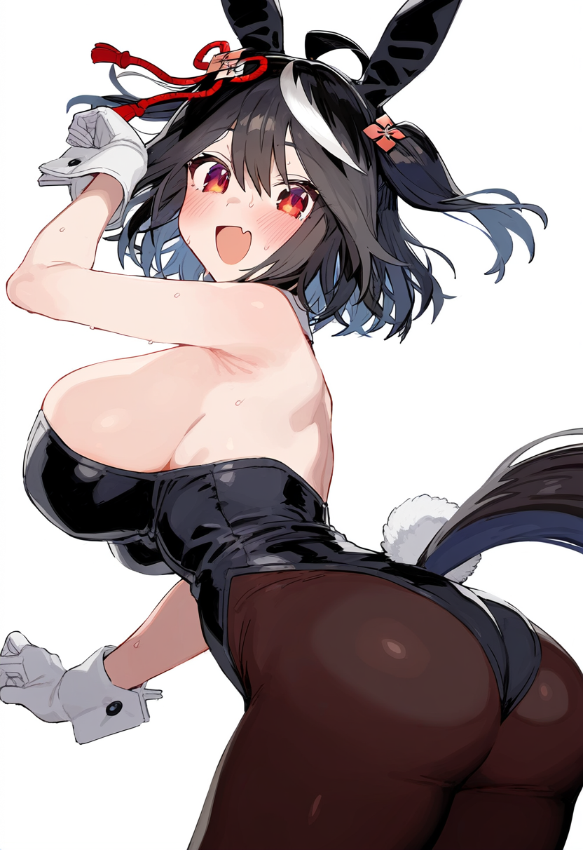 ai_generated animal_ears animal_tail black_hair breasts bunnysuit female hair_ornament horse_girl kitasan_black_(umamusume) red_eyes two_tone_hair umamusume umamusume_pretty_derby