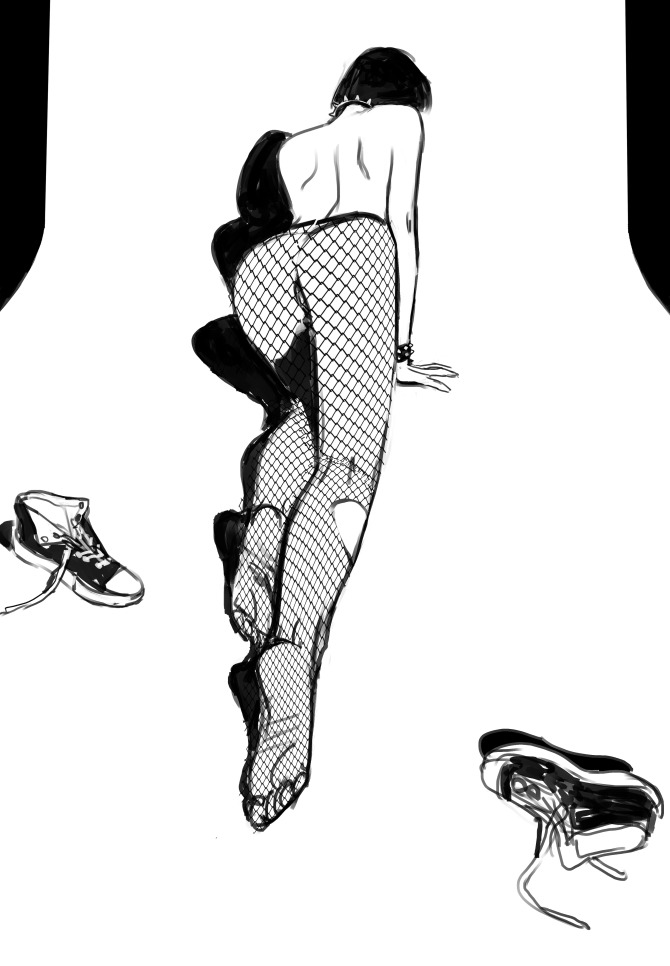 ass au_(artist) black_hair boli-blog fishnets legs posing_for_picture