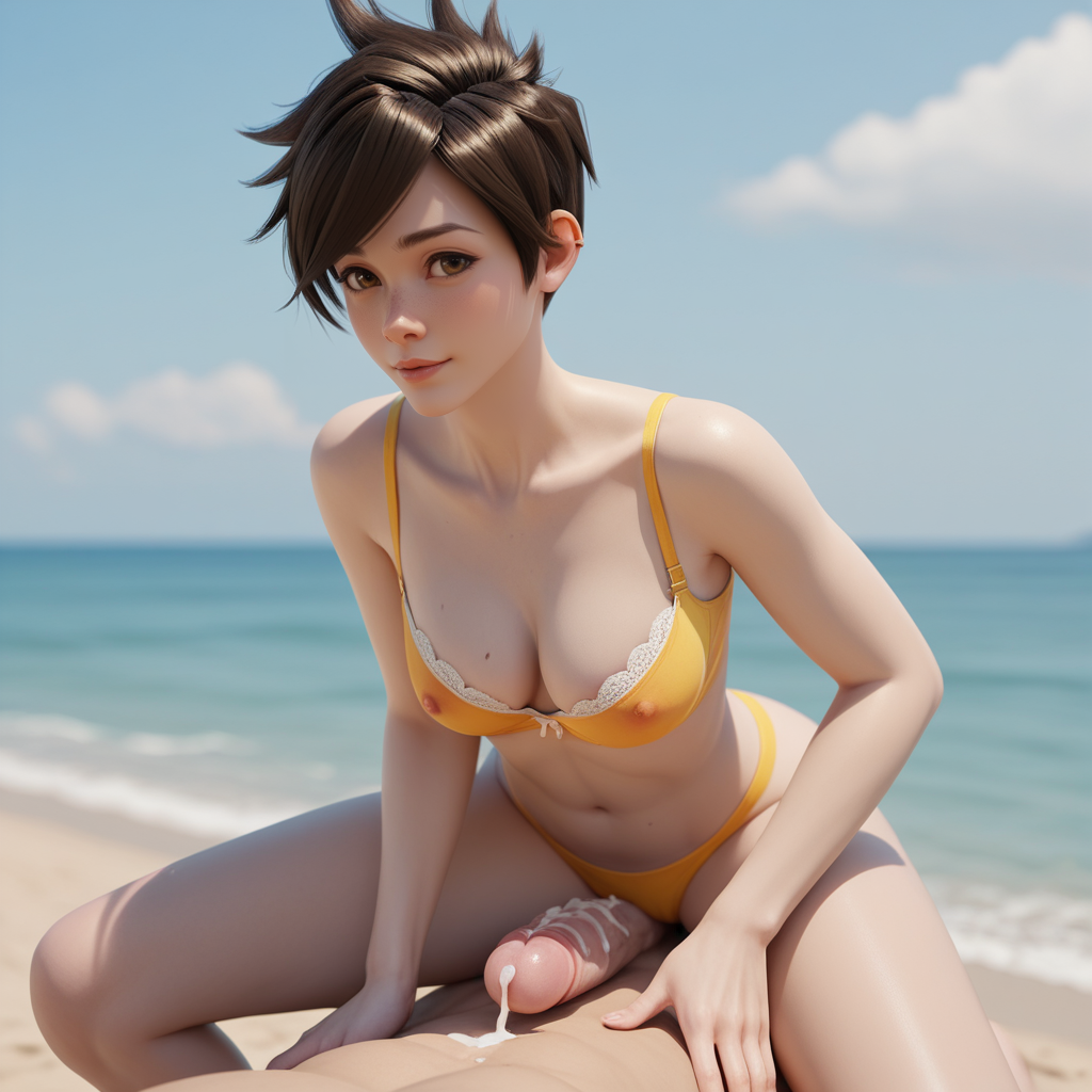 1boy 1boy1girl 1girls ai_generated beach cum dick horny_female lustful_gaze overwatch overwatch_2 sex sexy tracer