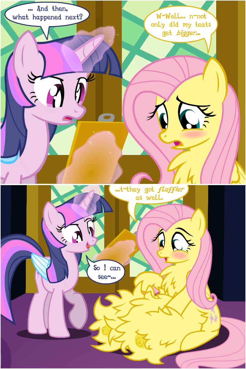 2_panel_comic alicorn anthro big_crotchboobs blush chest_fluff clipboard cold_blooded_twilight comic context_is_for_the_weak crotchboobs crotchboobs_on_floor dead_source english_text excessive_fluff female flashequestria fluffy_crotchboobs fluttershy_(mlp) huge_crotchboobs impossibly_large_chest_fluff impossibly_large_crotchboobs nipples nude pony text twilight_sparkle_(mlp) what