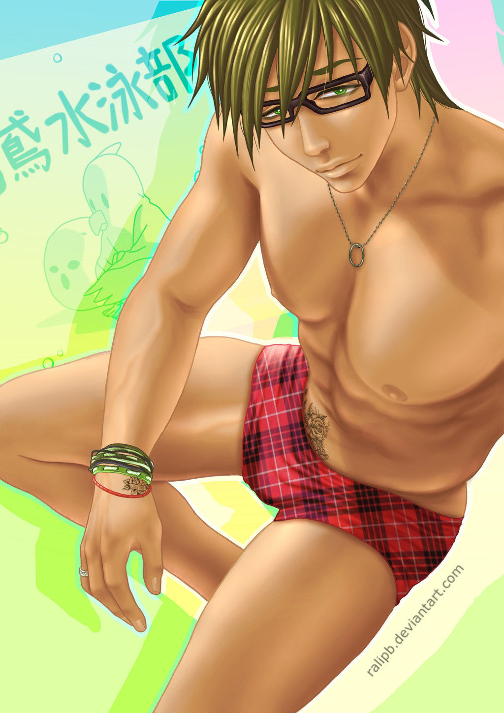 1boy bracelet flower_tattoo free! glasses green_eyes green_hair makoto_tachibana male male_focus megane necklace shirtless shirtless_male solo solo_male speedo tachibana_makoto tattoo toned toned_body toned_male toned_thighs underwear_only