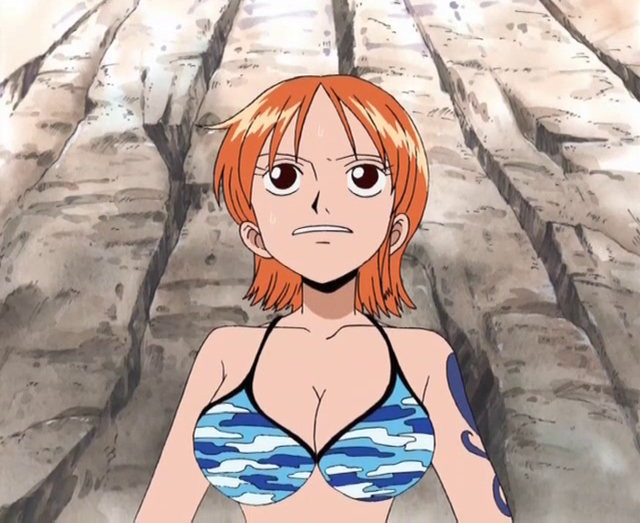 1girl 1girls anime_screencap anthro artist_request bikini bikini_top blue_bikini brown_eyes cannonical canonical_scene closed_mouth clothing female female_only girl_only nami_(one_piece) one_piece open_eyes orange_hair tattoo viewed_from_below