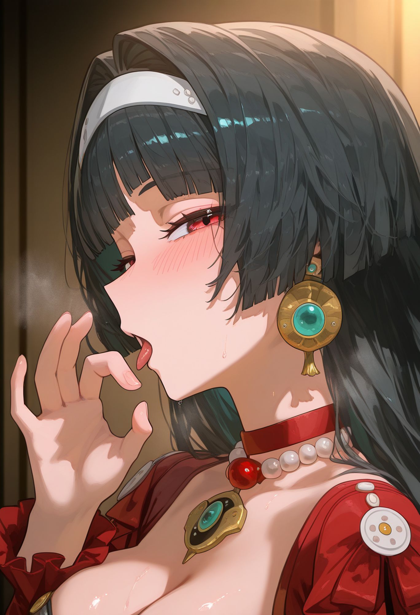 1girls ai_generated asking_for_it astra_yao black_hair blowjob_gesture blush breasts female female_only horny horny_female looking_at_viewer naughty_face oral_invitation red_eyes sexually_suggestive solo stars_of_lyra tongue tongue_out zenless_zone_zero