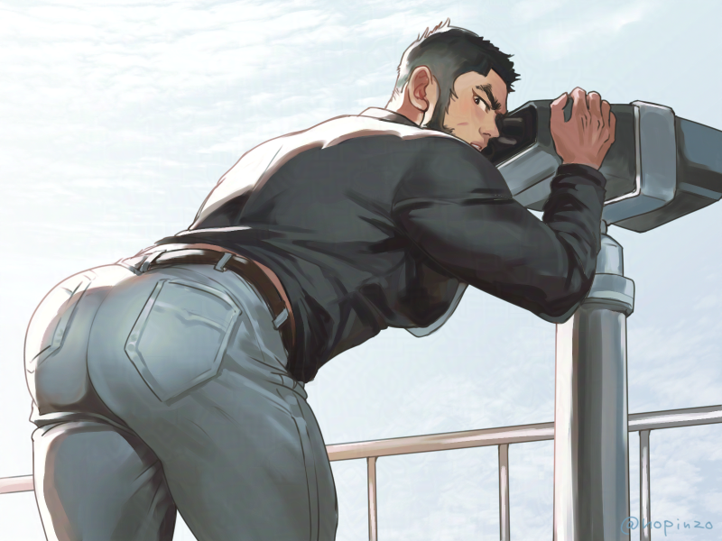 1boy 2025 ass ass_focus bara bara_ass belt big_ass big_ass_(male) big_butt binoculars black_hair black_shirt clothed clothing facial_hair golden_kamuy jeans leaning_forward looking_back_at_viewer male male_focus male_only muscular muscular_male nopinzo pants presenting presenting_ass shirt short_hair sideburns solo solo_male tanigaki_genjirou thick_eyebrows twitter_username