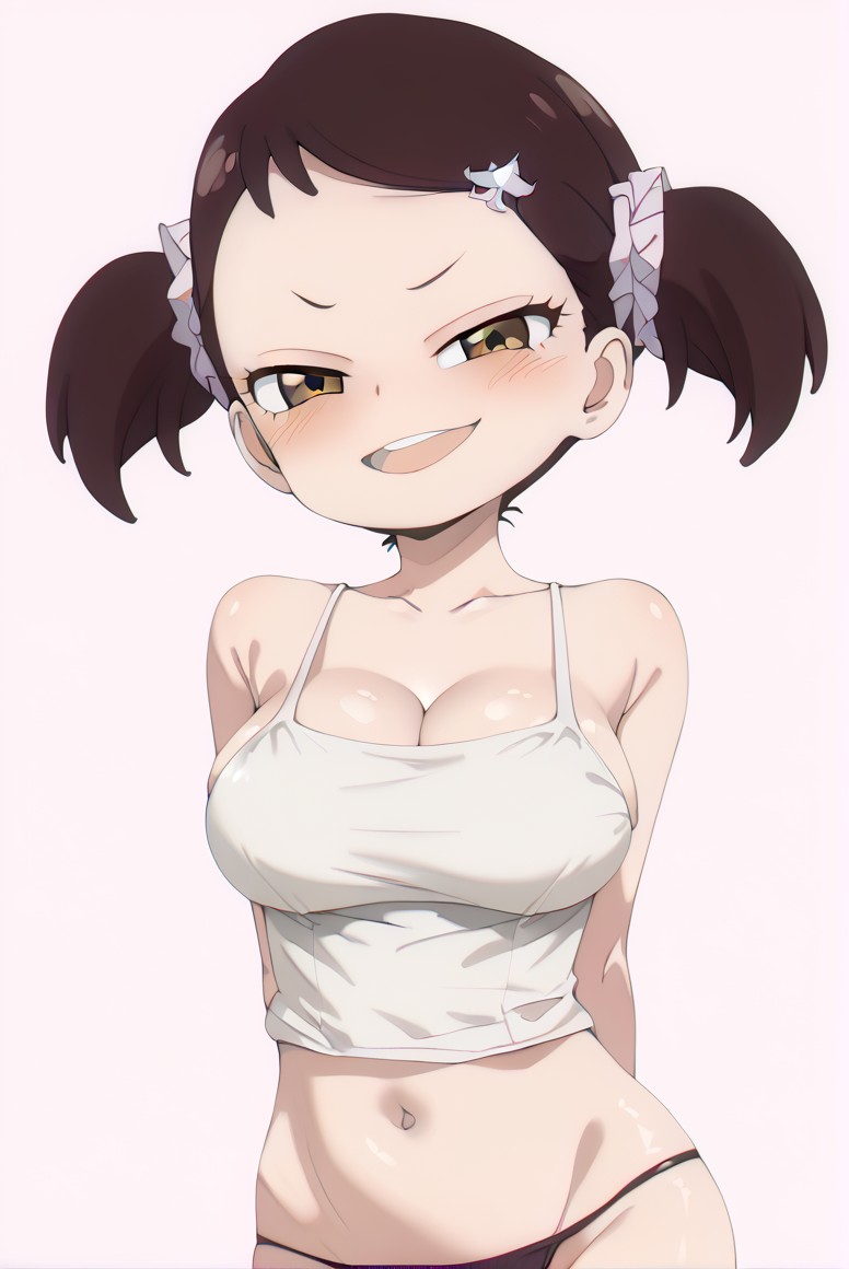 1girls 2025 ai_generated bare_shoulders becky_blackbell cleavage midriff navel sideboob simple_background smile spy_x_family tank_top thighs thong twintails white_tank_top