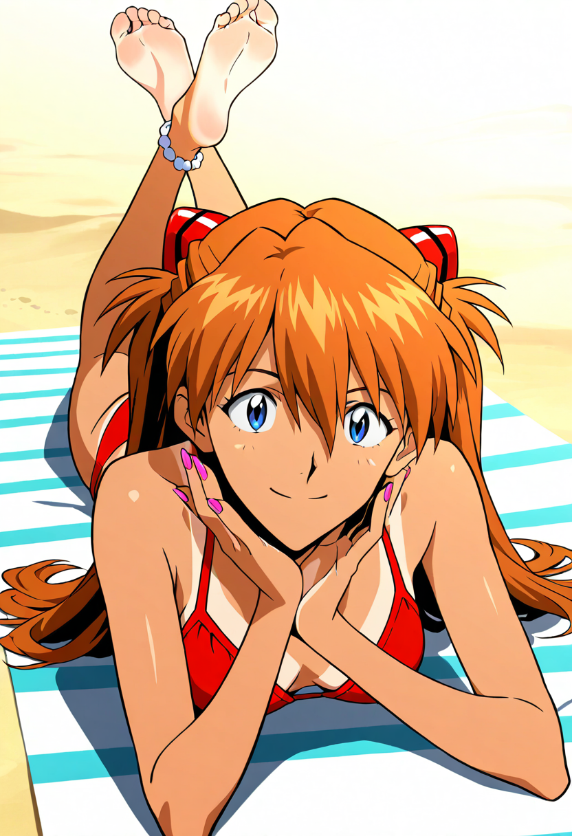 1girl ai_generated anklet asuka_langley_sohryu barefoot beach bikini blue_eyes cheerful enjoying feet female hair_ornament happy joyful long_hair looking_at_viewer lying lying_on_stomach medium_breasts neon_genesis_evangelion on_stomach orange_hair pink_nails red_bikini relaxing sand smile smiling_at_viewer soles sun sunbathing tan_body tan_skin tanline tanned tanned_girl teenage_girl teenager the_pose toes