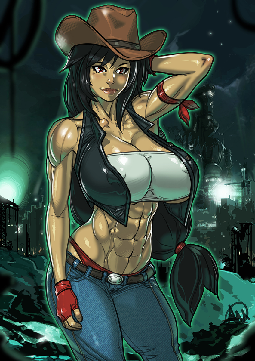 1girls, abs, armpits, big breasts, black hair, breasts, cleavage, clothed, cowboy hat, cowgirl, cowgirl outfit, female, female only, final fantasy, final fantasy vii, ganassa, hair, hat, huge breasts, large breasts, long hair, nipple bulge, pants, red eyes, shirt, solo, square enix, tifa lockhart, underboob, video games