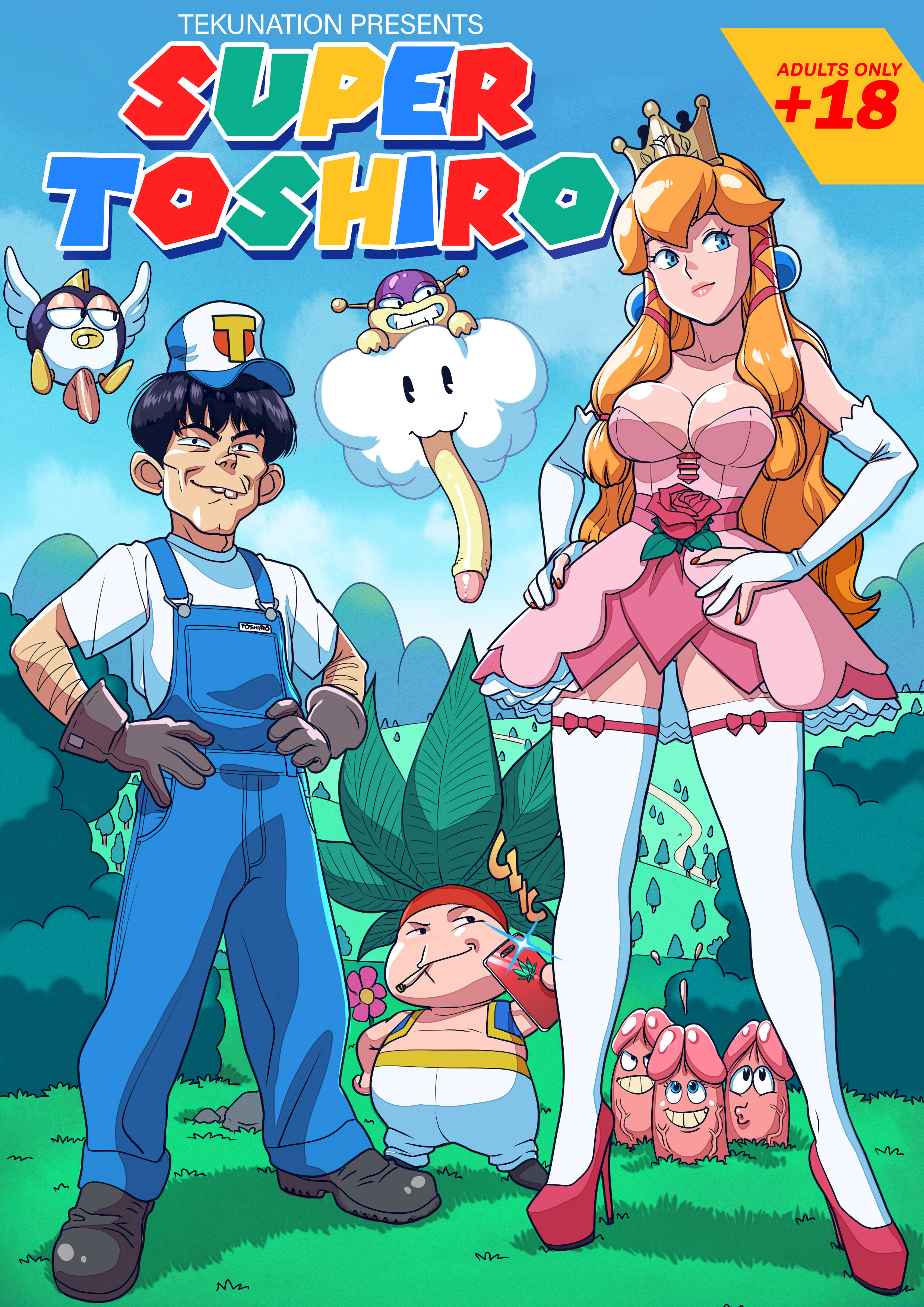 alternate version available, blonde hair, blue eyes, breast bulge, breasts, crown, cuckold, dress, drugs, female, high heels, long hair, long legs, looking aside, male, mario (series), nintendo, page 1, pantyshot, penis, princess, princess peach, super mario bros., tekuho, thigh highs, thighhighs, thighs, toad (mario), white legwear, white thighhighs