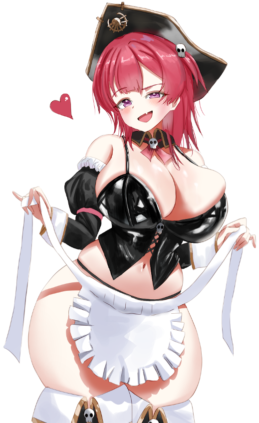 apron gigantic_breasts goddess_of_victory:_nikke huge_ass huge_breasts large_breasts maid mast_(nikke) mast_(romantic_maid)_(nikke) oerba_yun_fang pirate_hat plump purple_eyes red_hair smirk thick_thighs wide_hips