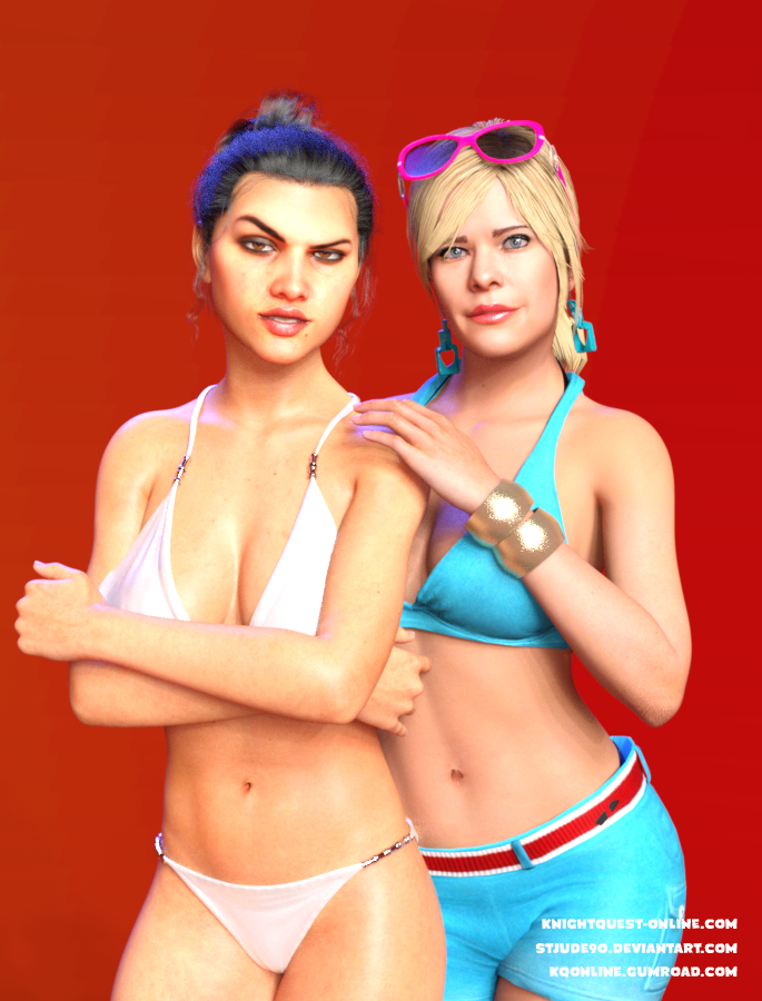 2girls 3d bikini blonde_hair blue_shorts daz_studio grand_theft_auto grand_theft_auto_v lucia_(gta) shorts stjude90 sunglasses sunglasses_on_head swimsuit tracey_de_santa white_bikini