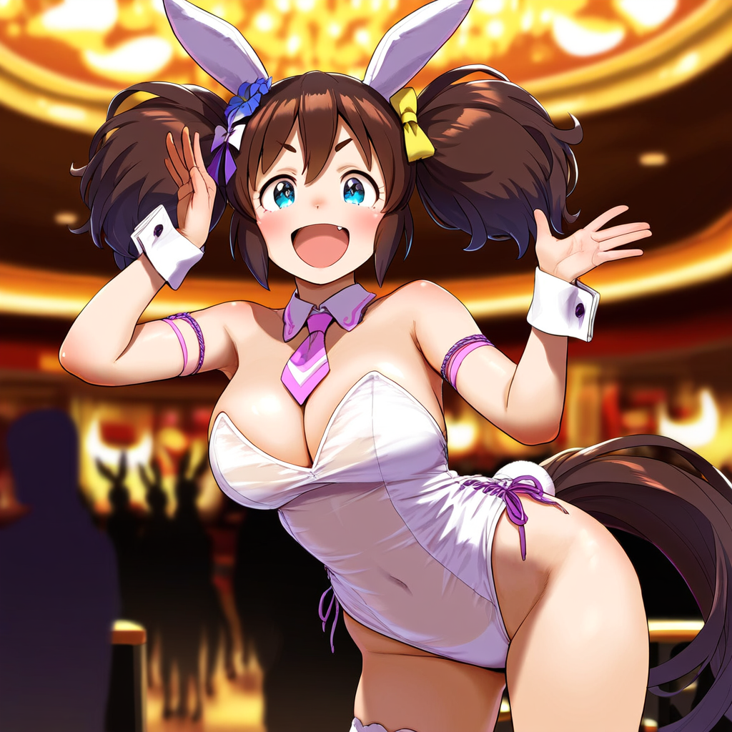 ai_generated animal_ears big_breasts brown_hair bunnysuit female green_eyes hair_accessory hair_ornament horse_girl inari_one_(umamusume) twintails umamusume umamusume_pretty_derby