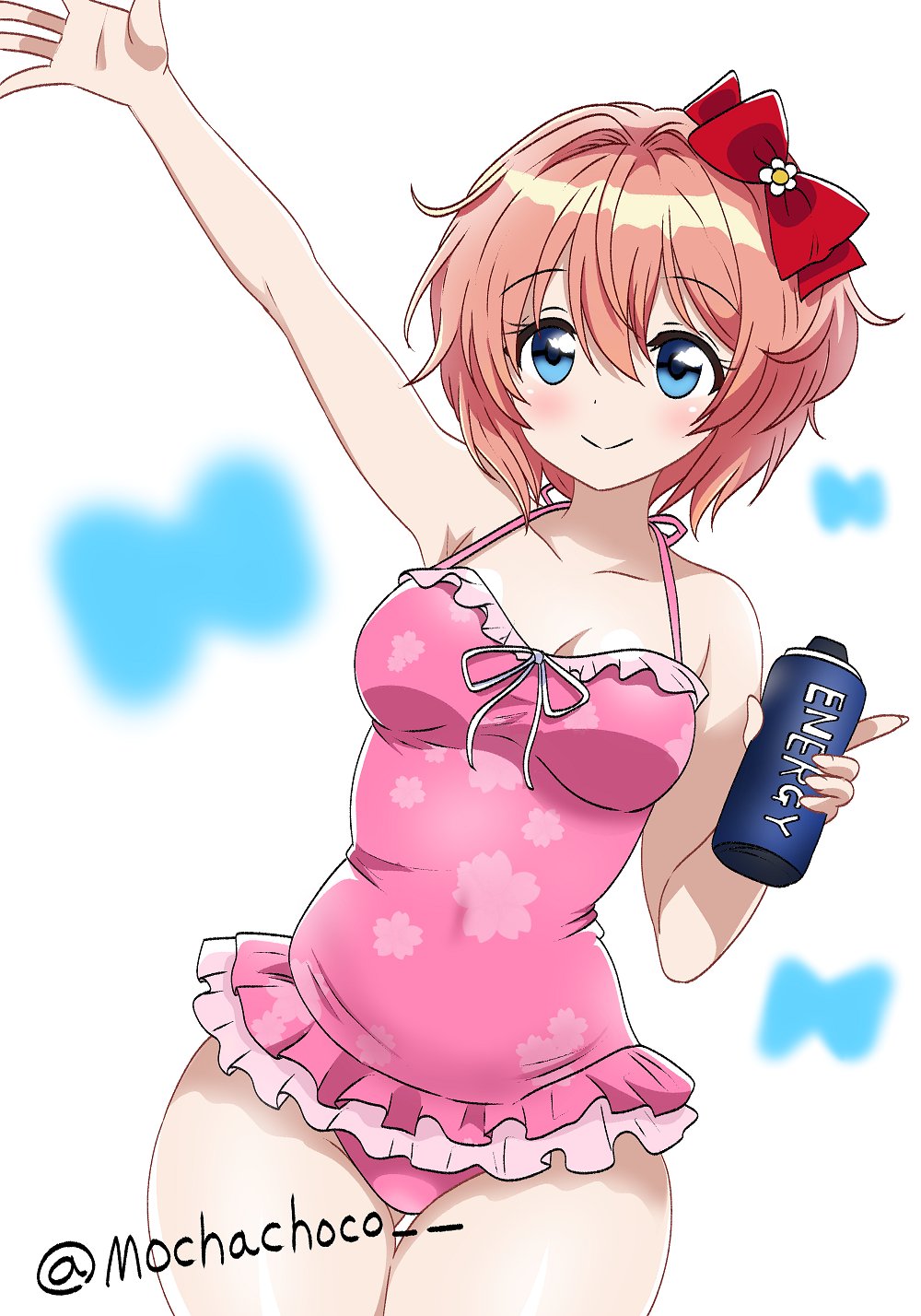 1female 1girls 5_fingers ass_visible_through_thighs bare_shoulders blue_eyes bow breasts doki_doki_literature_club female hair_bow hairbow mochachoco navel_visible_through_clothes red_bow red_hair_bow red_hairbow sayori_(doki_doki_literature_club) strawberry_blonde_hair swimsuit swimwear thigh_gap thighs