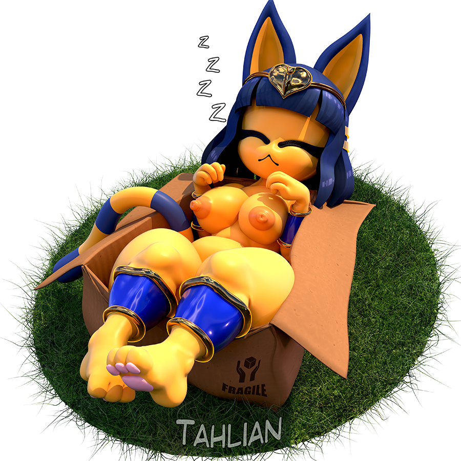 3d 3d_model animal_crossing ankha ankha_(animal_crossing) ankha_(vonvivianov) areola blue_fur blue_hair box cleo_claws_(vonvivianov) closed_eyes doubutsu_no_mori grass hair mostly_nude multicolored_fur nairu_(doubutsu_no_mori) nintendo nipples orange_areola paws pink_paws sleeping tahlian tail transparent_background vonvivianov yellow_body yellow_fur