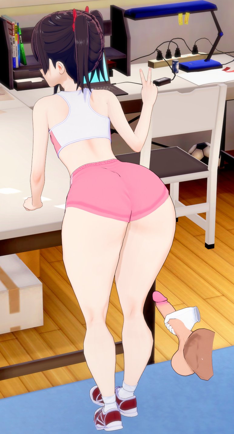 1boy 3d koikatsu large_ass masturbation more_at_source pink_shorts shorts thick_thighs triple-q v_sign yazawa_nico