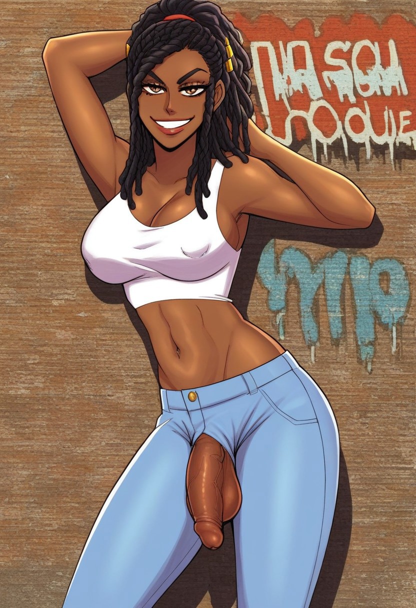 1futa 2d 2d_(artwork) ai_generated anasheya_(style) big_breasts big_penis black_hair black_hair_futa blue_jeans breasts brick_wall brunette_futa civitai cleavage clothing cowboy_shot crop_top dark-skinned_futanari dark_skin denim_jeans dreadlocks flaccid flaccid_penis futanari graffiti graffiti_on_wall jeans long_hair looking_at_viewer midriff milf_enjoyer navel penis shoulder_length_hair smirk smirking_at_viewer solo solo_futa tank_top white_crop_top