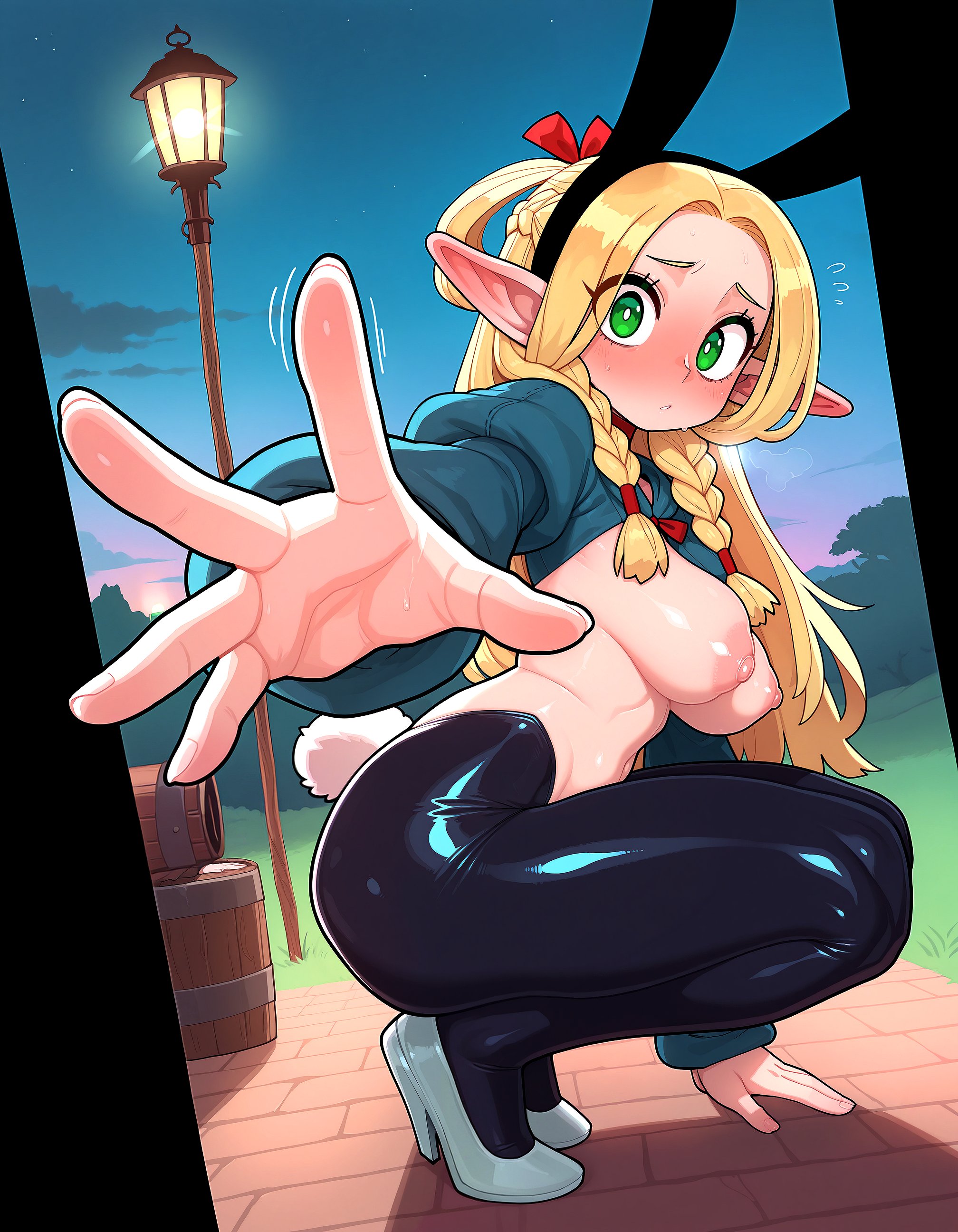 1girls, ai generated, blonde hair, braid, braided hair, dungeon meshi, elf, female, foreshortening, funnygrifter, green eyes, high heels, looking at viewer, marcille donato, outdoors, perspective, pointy ears, reverse bunnysuit, solo, squatting