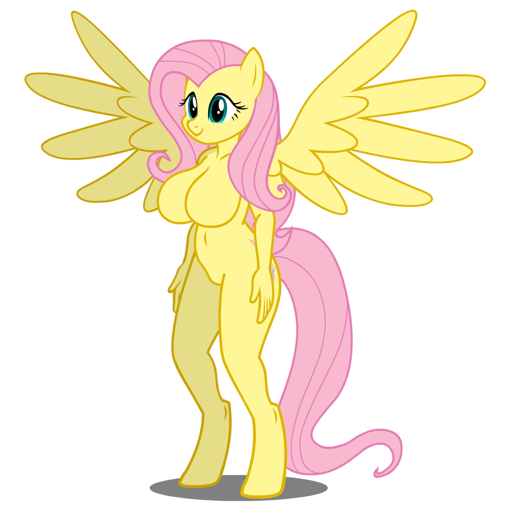 anthro barbie_doll_anatomy belly_button big_breasts breasts featureless_breasts female flashequestria fluttershy_(mlp) my_little_pony show_accurate show_accurate_anthro simple_background solo spread_wings unguligrade_anthro