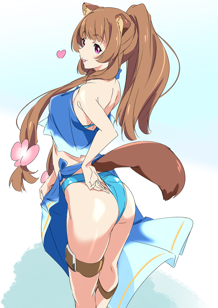 2019 animal_ears animal_tail brown_hair female raccoon_ears raccoon_girl raccoon_tail raphtalia solo swimsuit tate_no_yuusha_no_nariagari the_rising_of_the_shield_hero tied_hair tongue_out umanosuke