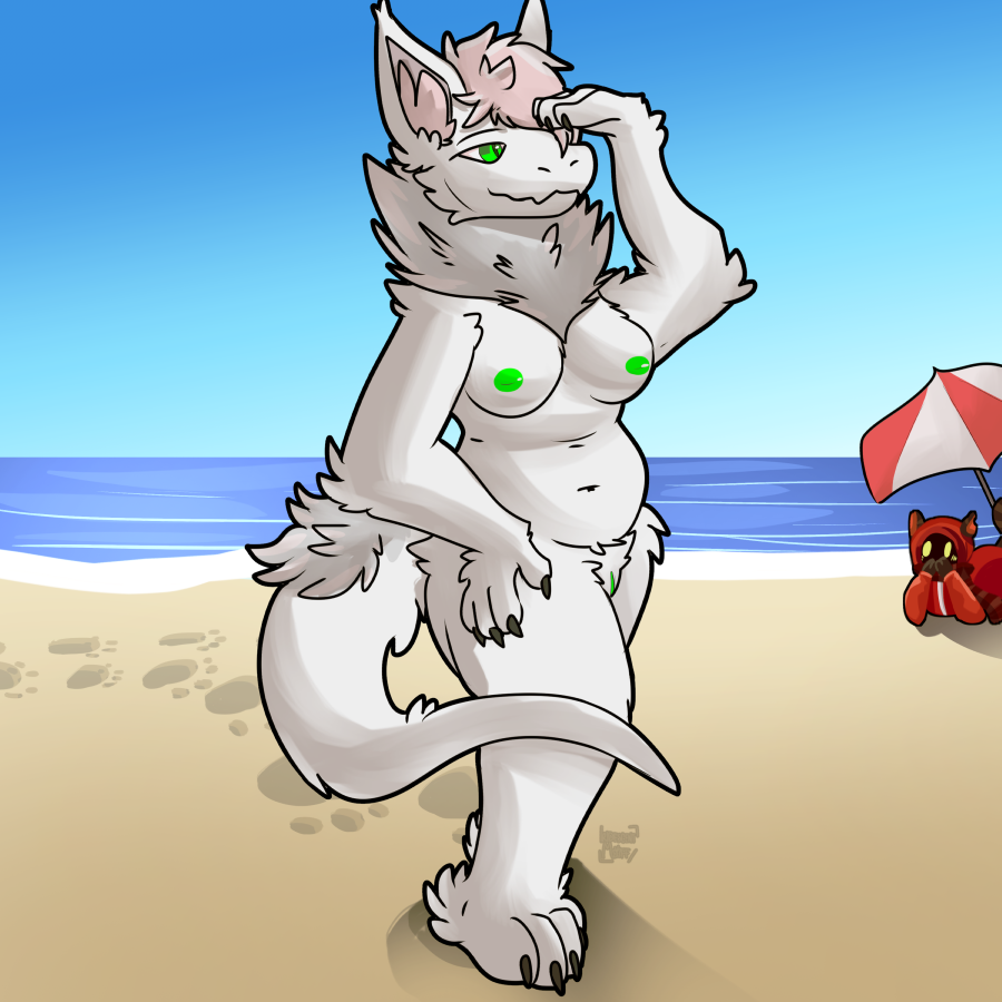 anthro beach being_watched casual_nudity clothed clothing duo female fluffy fur genitals glowing glowing_genitalia glowing_nipples green_eyes green_genitals iridescentmoff jadethegen looking_at_another male male/female mamagen mammal nipples procyonid raccoon sand solo_focus water white_body white_fur