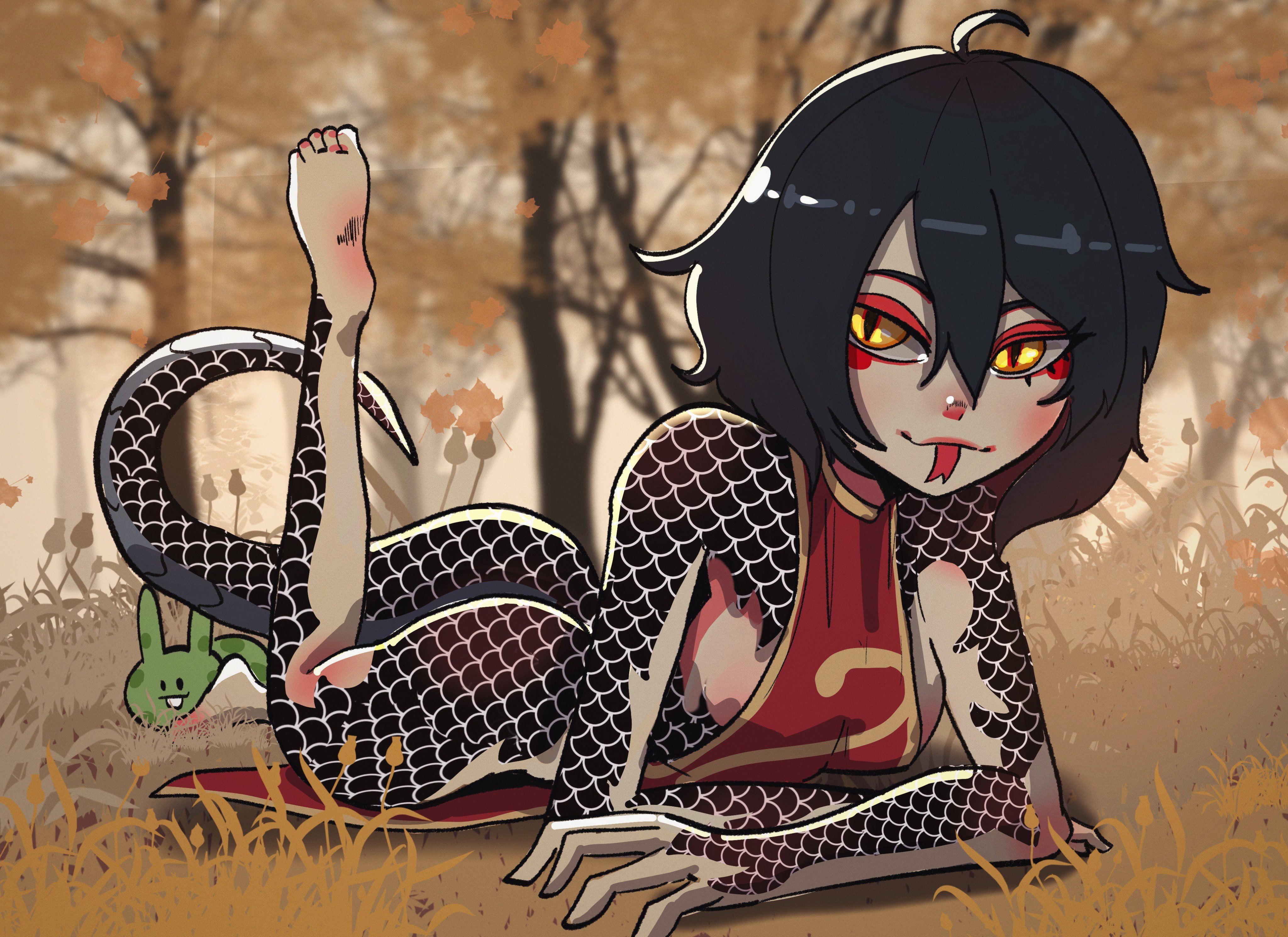 absurdres, basedbinkie, black hair, breasts, chivalry starved, claws, cleavage, english text, eyeshadow, female, highres, holding, holding own hair, long hair, makeup, medium breasts, oerba yun fang, original, red eyeshadow, scales, xiang (basedbinkie), yellow eyes