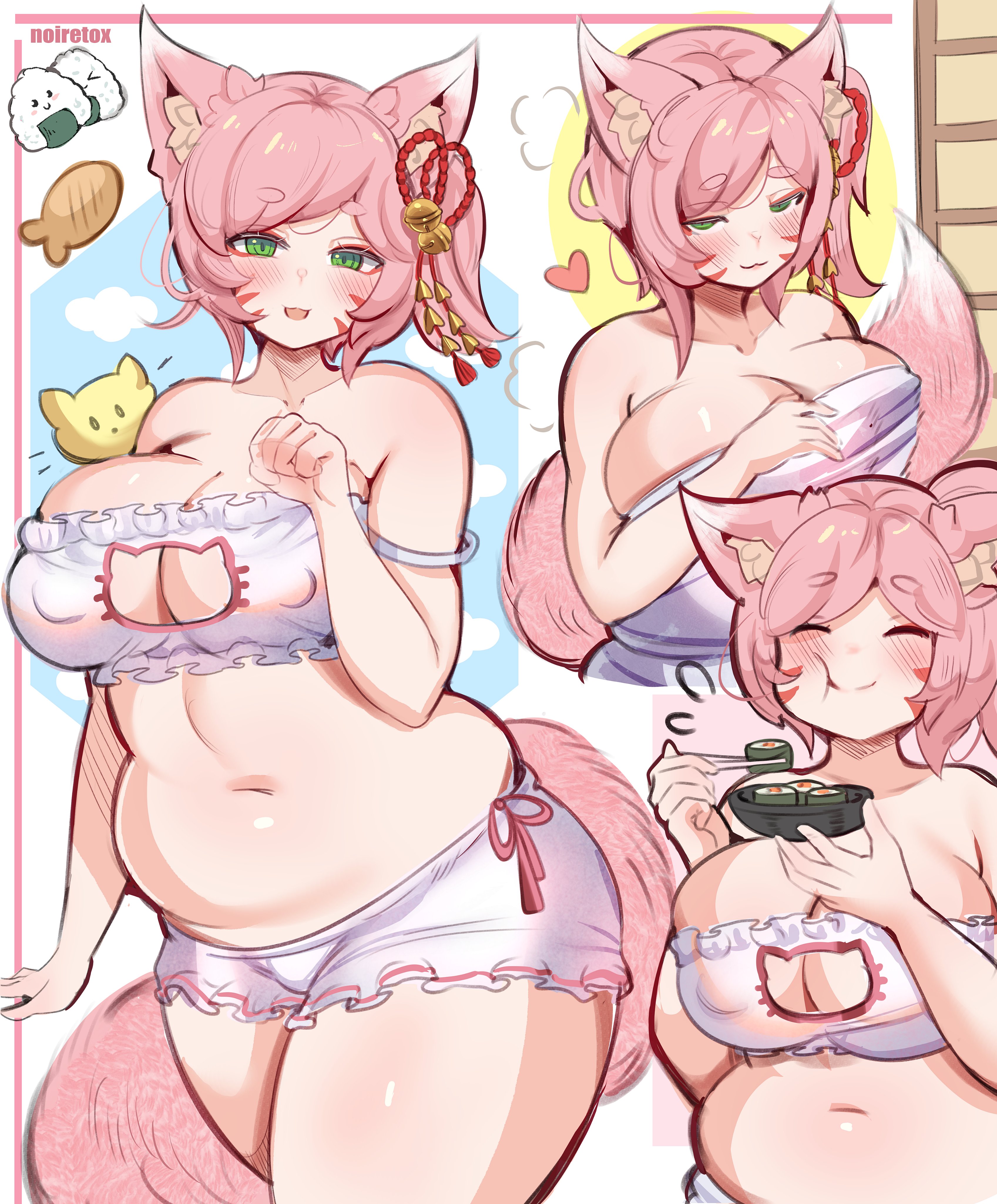 1girls, animal ears, breasts, cat lingerie, chubby, chubby female, cleavage, female, female only, kemonomimi, large breasts, lingerie, noiretox, solo, solo female, thick thighs, voluptuous
