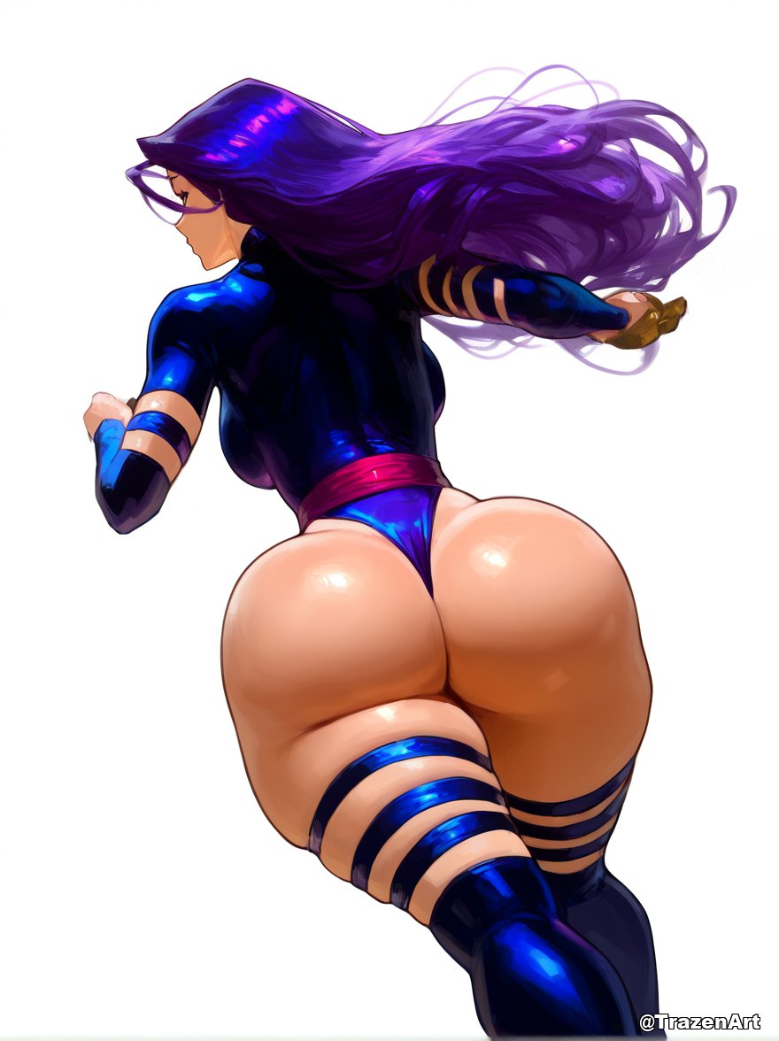 1girls, ai generated, ass, ass focus, breasts, female, female focus, female only, large ass, large breasts, looking at viewer, looking back, marvel, marvel comics, psylocke (kwannon), solo female, thick thighs, thighs, trazenart, white background, x-men