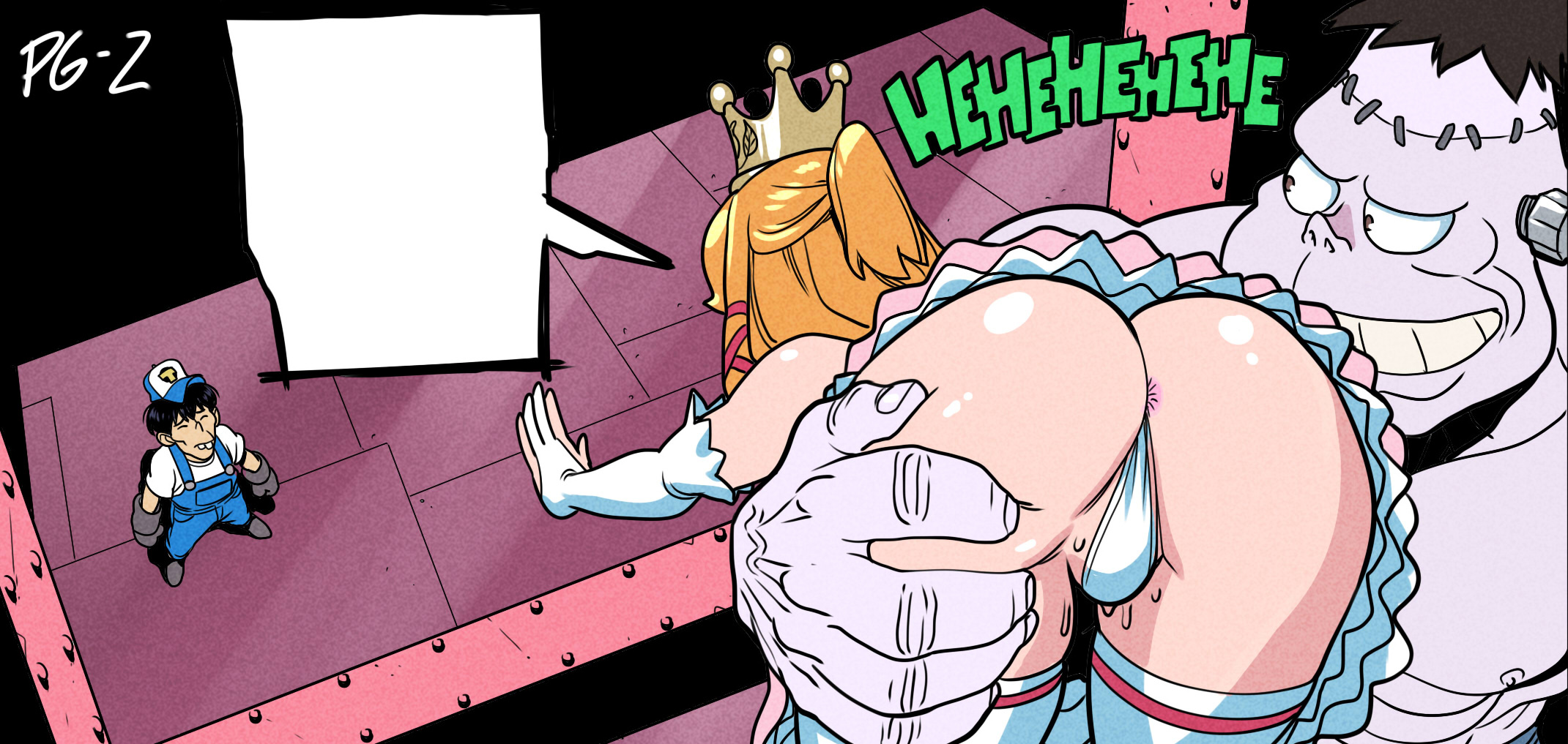 ass, blonde hair, crown, cuckold, donkey kong (arcade), dress, female, long hair, male, mario (series), nintendo, pantyshot, princess, princess peach, pussy, tekuho, thigh highs, thighhighs, wet pussy, white legwear, white thighhighs