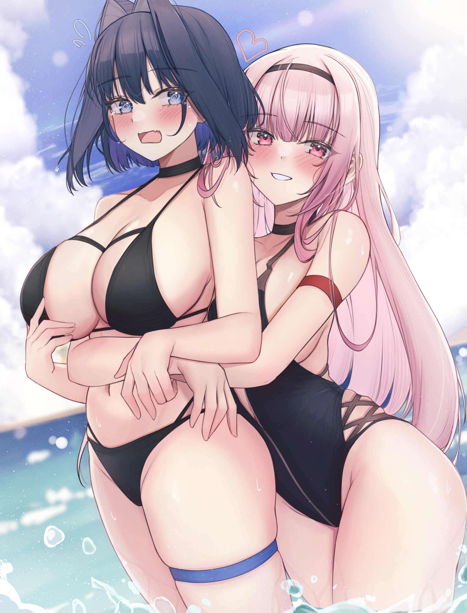 2girls, armband, beach, bikini, black hair, black swimsuit, blue eyes, breasts, clouds, female, heart, hololive, hololive english, hololive english -council-, hololive english -promise-, hololive myth, huge breasts, large breasts, lesbian, lesbian couple, lesbians, mofu07519, mori calliope, ocean, ouro kronii, pink eyes, pink hair, purple hair, sea, sluts, sun, swimsuit, virtual youtuber, water, yuri