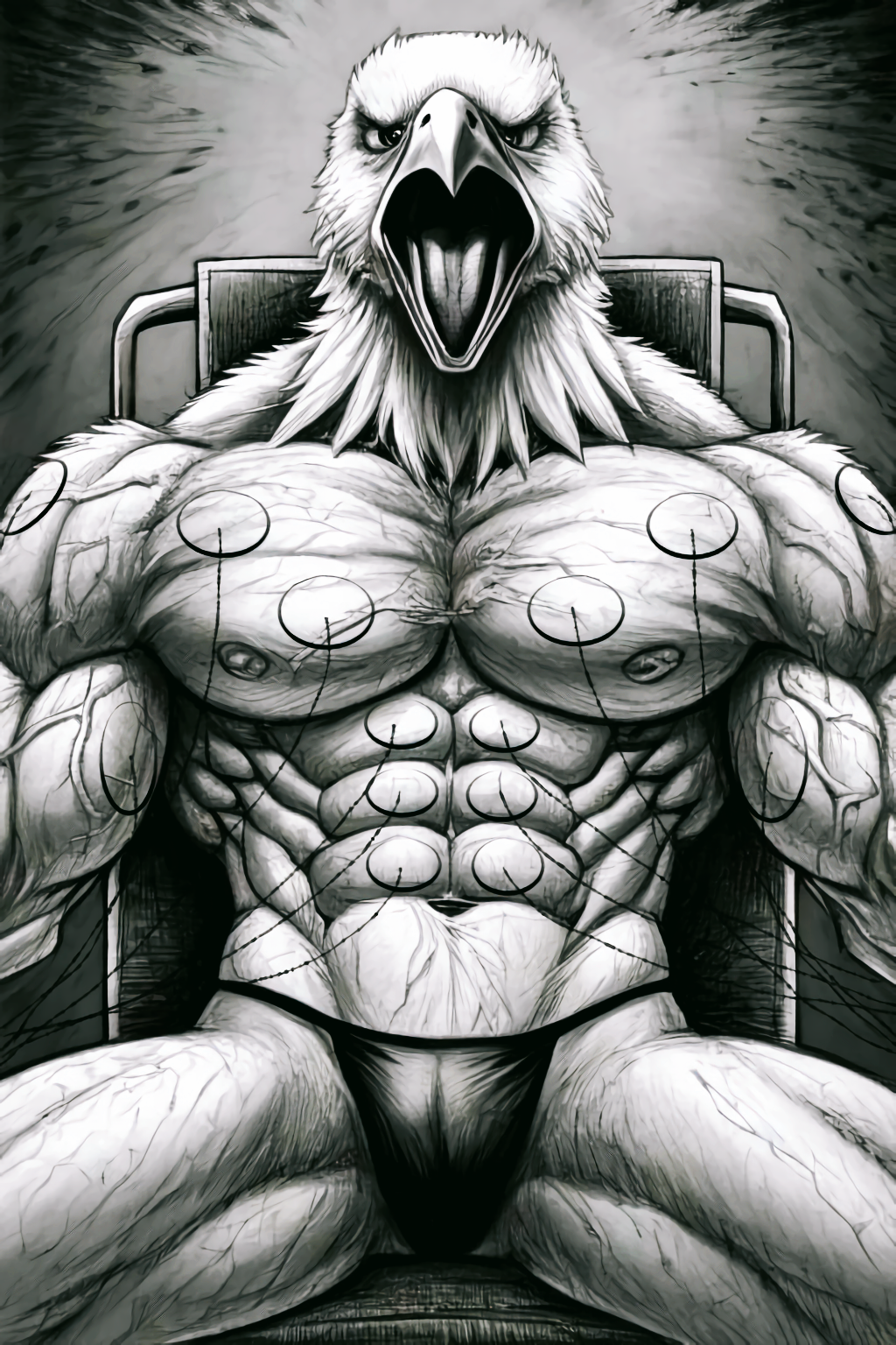 abs ai_generated anthro athletic athletic_anthro athletic_male avian bald_eagle biceps bird eagle electrodes electrostimulation furry male muscle_growth muscular muscular_anthro muscular_male navel nipples pecs triceps veiny_muscles workout