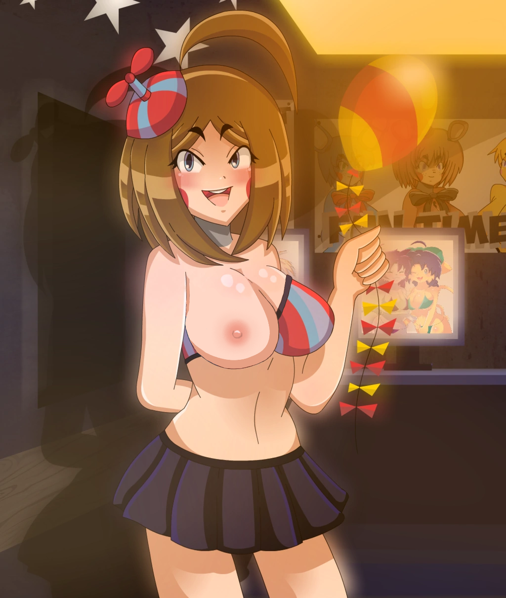 balloon_babe_(fnia) balloon_boy balloon_boy_(fnaf) big_breasts breasts edit five_nights_at_freddy's five_nights_at_freddy's_2 five_nights_in_anime looking_at_viewer nipples one_breast_out rule_63 short_skirt skirt smile tagme