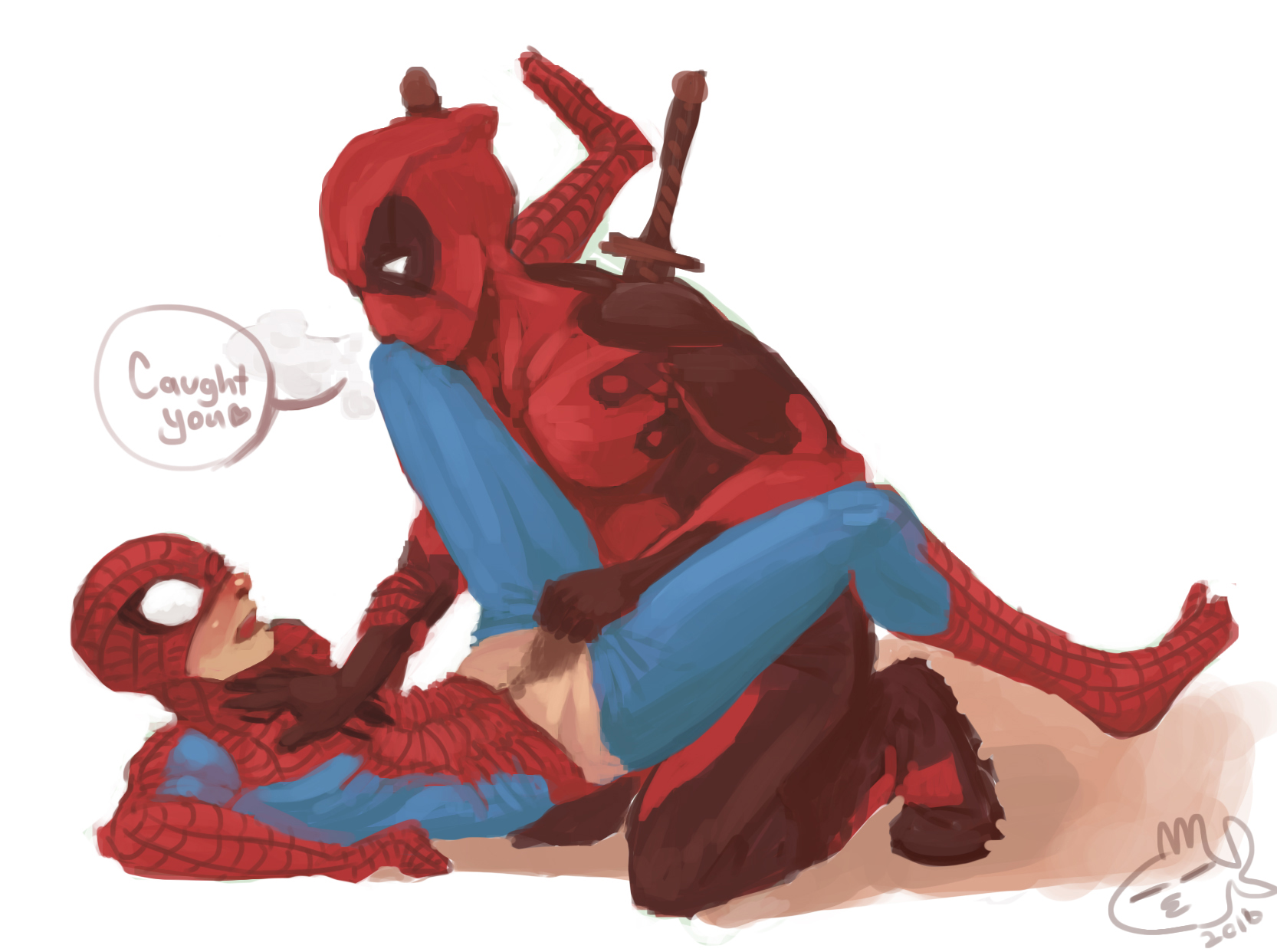 2boys, blush, deadpool, gay, grabbing, hand on chest, male, male only, marvel, marvel comics, pants down, pinned, pinned down, smooth skin, spandex, spider-man, surprised, yaoi