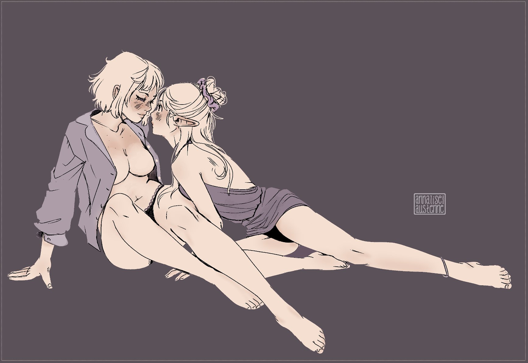 2girls, annaliseaustenn, artist name, barefoot, big breasts, black panties, blonde female, blonde hair, blush, breasts, closed eyes, color, dated, dungeon meshi, elf ears, elf female, falin touden, fanon couple, feet, female, female only, female/female, freckles, freckles on chest, freckles on face, grey background, hair bun, hair ornament, half-elf, imminent lesbian sex, imminent sex, large breasts, lesbian couple, lesbians, long hair, looking at partner, marcille donato, multiple females, multiple girls, no bra, open clothes, open shirt, panties, partially clothed, pointy ears, romantic, romantic couple, scrunchie, sitting, smile, tied hair, toes, undressing, watermark, wholesome, wide eyed, yuri