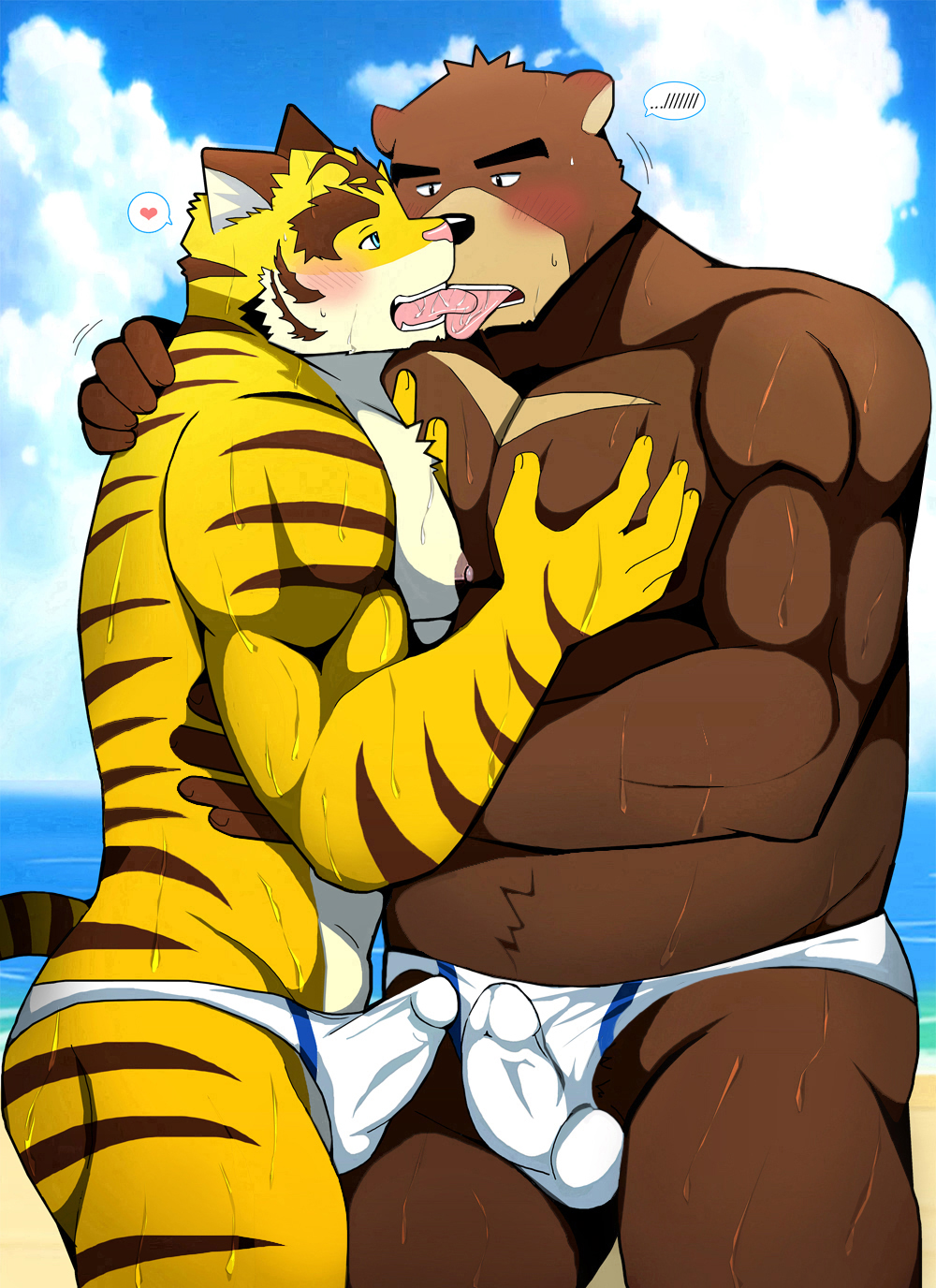 anthro anthro_on_anthro bearlovestiger13 bulge clothed clothing duo felid hi_res juuichi_mikazuki kenji male male/male mammal morenatsu muscular muscular_male pantherine penis_outline tiger torahiko_(morenatsu)