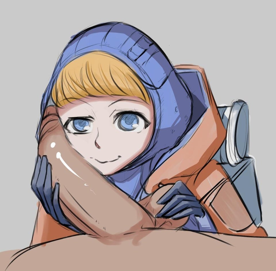 apex legends, backpack, balls, blonde hair, blue eyes, female, holding balls, holding penis, jacket, looking at viewer, male, malofantastic, penis, penis on face, pov, wattson (apex legends)