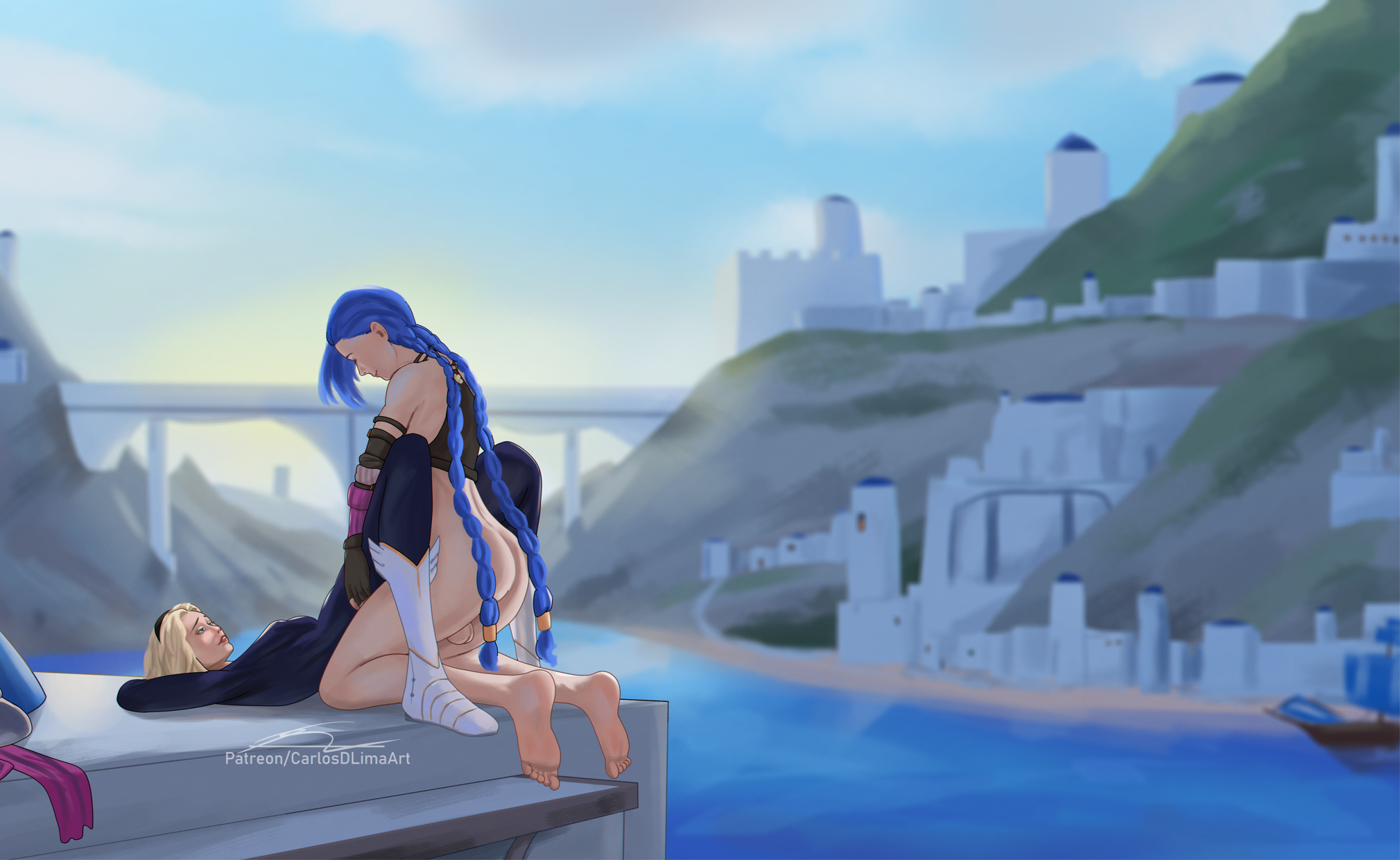 1futa, 1girls, arcane, background, blue hair, carlosdlimaart, female, futanari, intersex, jinx (league of legends), league of legends, luxanna crownguard, missionary position, public, tagme
