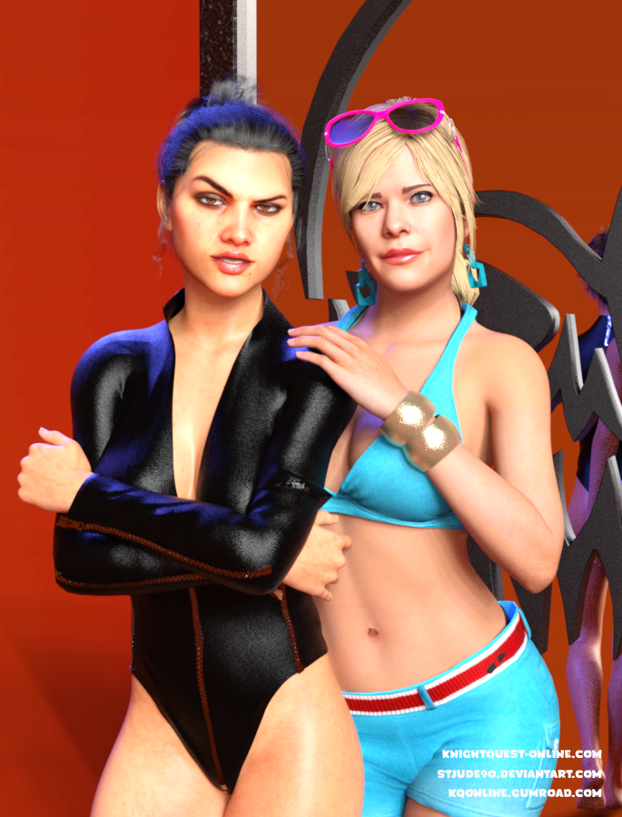 2girls 3d black_leotard blonde_hair blue_shorts daz_studio grand_theft_auto grand_theft_auto_v leotard lucia_(gta) shorts stjude90 tracey_de_santa