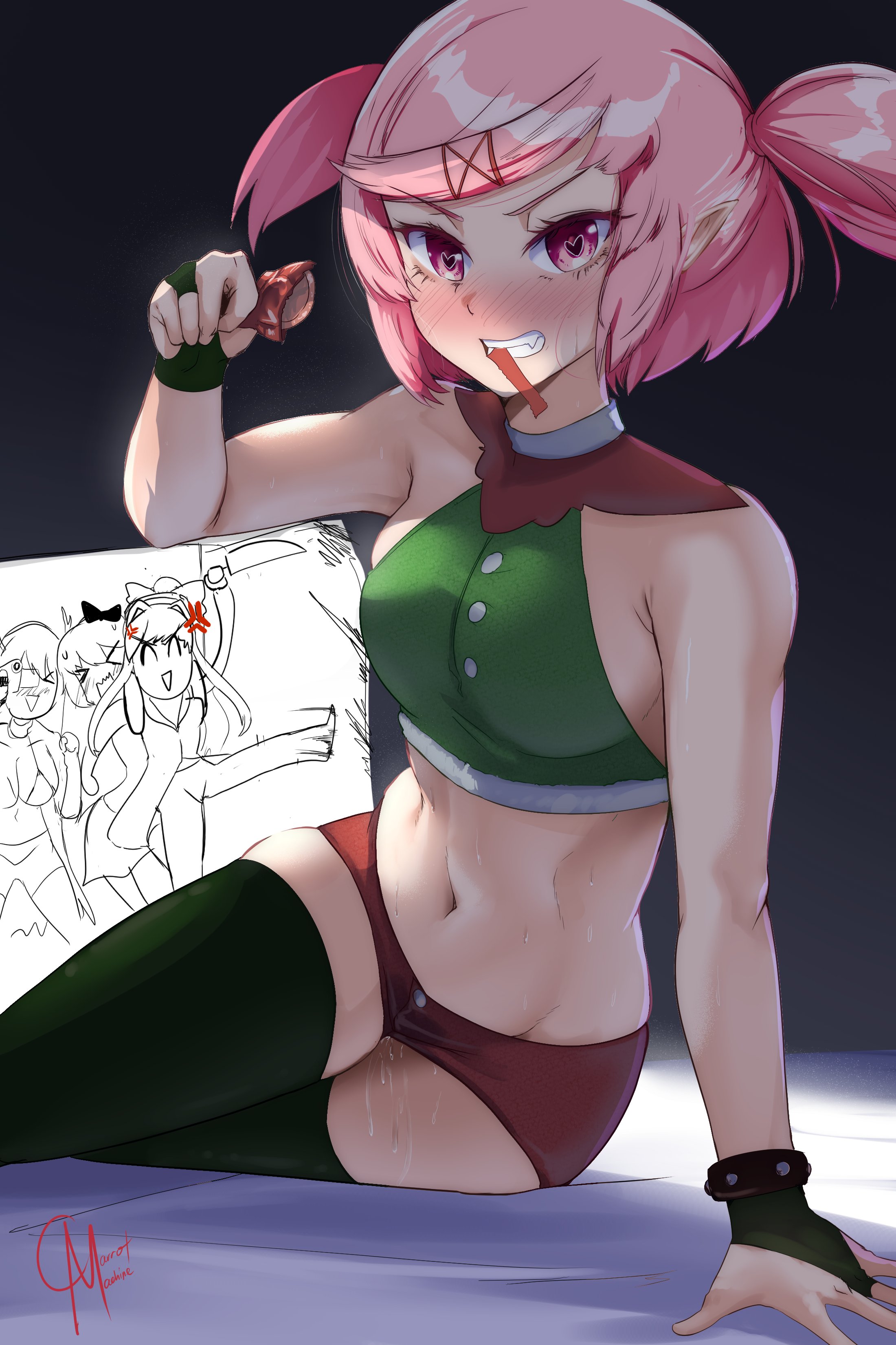 5 fingers, anger vein, blush, blush lines, blushing, breasts, carmach101, condom, condom in mouth, condom wrapper, doki doki literature club, elf, female, female only, heart-shaped pupils, monika (doki doki literature club), natsuki (doki doki literature club), navel, pink eyes, pink hair, pussy, pussy juice, sayori (doki doki literature club), thighhighs, thighs, wet pussy, yuri (doki doki literature club)