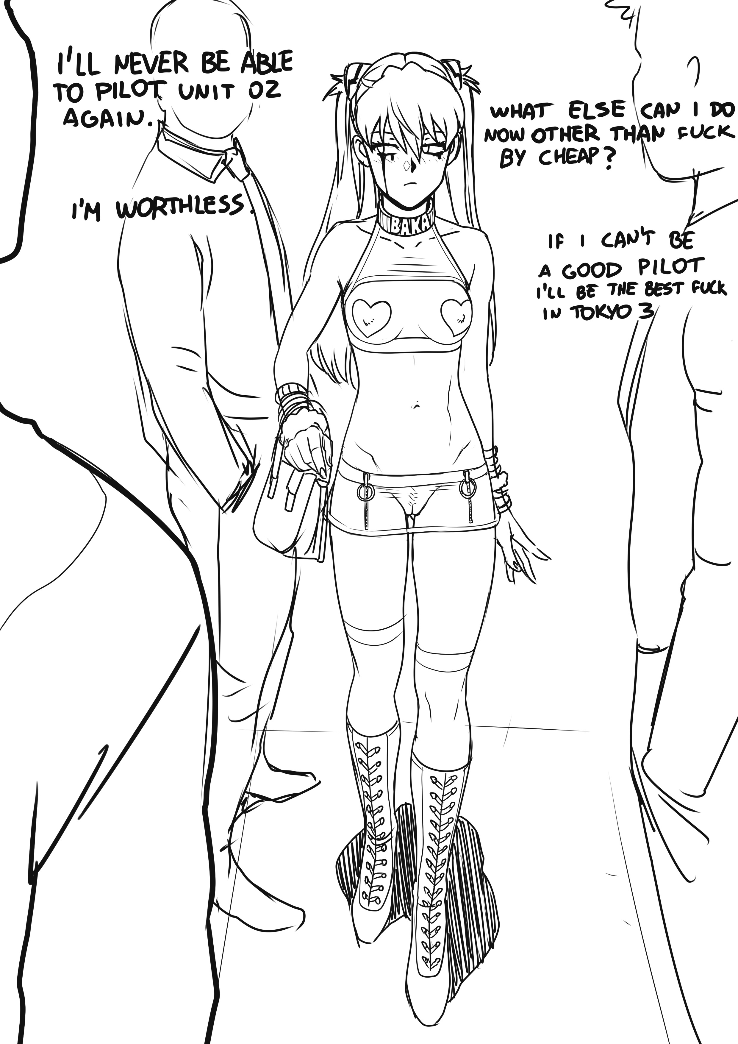 1girls, 3boys, asuka langley sohryu, boots, breasts, clothing, covered nipples, english text, female, full body, heart pasties, high heel boots, high heels, imminent sex, innie pussy, kneehighs, long hair, male, medium breasts, miniskirt, monochrome, neon genesis evangelion, no panties, pasties, platform heels, pussy, revealing clothes, see-through, see-through clothing, see-through skirt, sexually suggestive, short skirt, sketch, skirt, slut collar, stockings, teenager, tekuho, thigh highs, thighhighs