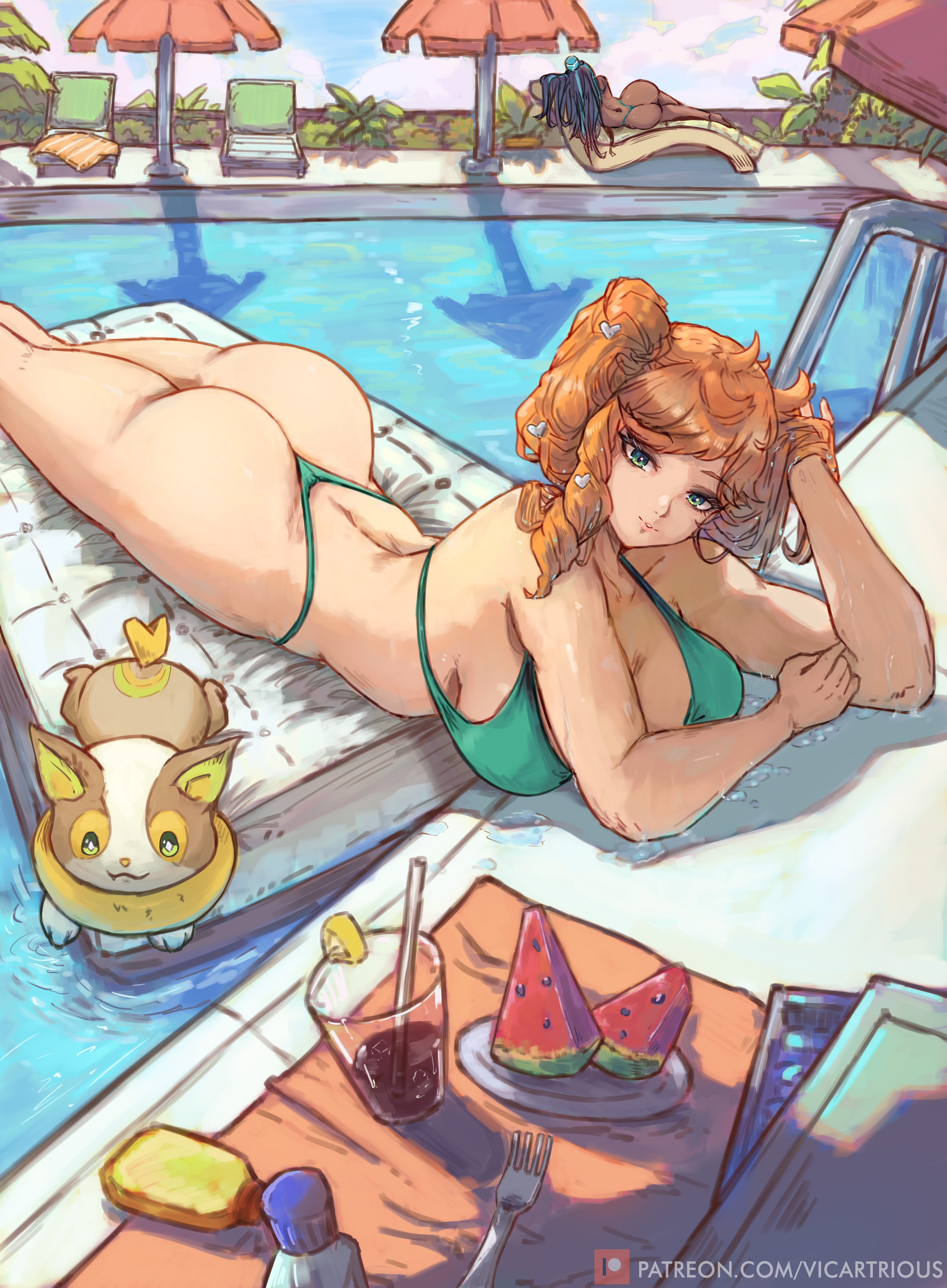 2girls, absurdres, artist name, ass, beach, bikini, breasts, drink, female, female only, food, fruit, game freak, green eyes, highres, hip cleavage, huge ass, looking at viewer, multiple females, multiple girls, nessa (pokemon), nintendo, orange hair, outdoors, patreon logo, patreon username, pokemon, pokemon (species), pokemon swsh, side ponytail, sonia (pokemon), swimsuit, vicarious, vicarious (vicillust), watermelon, yamper