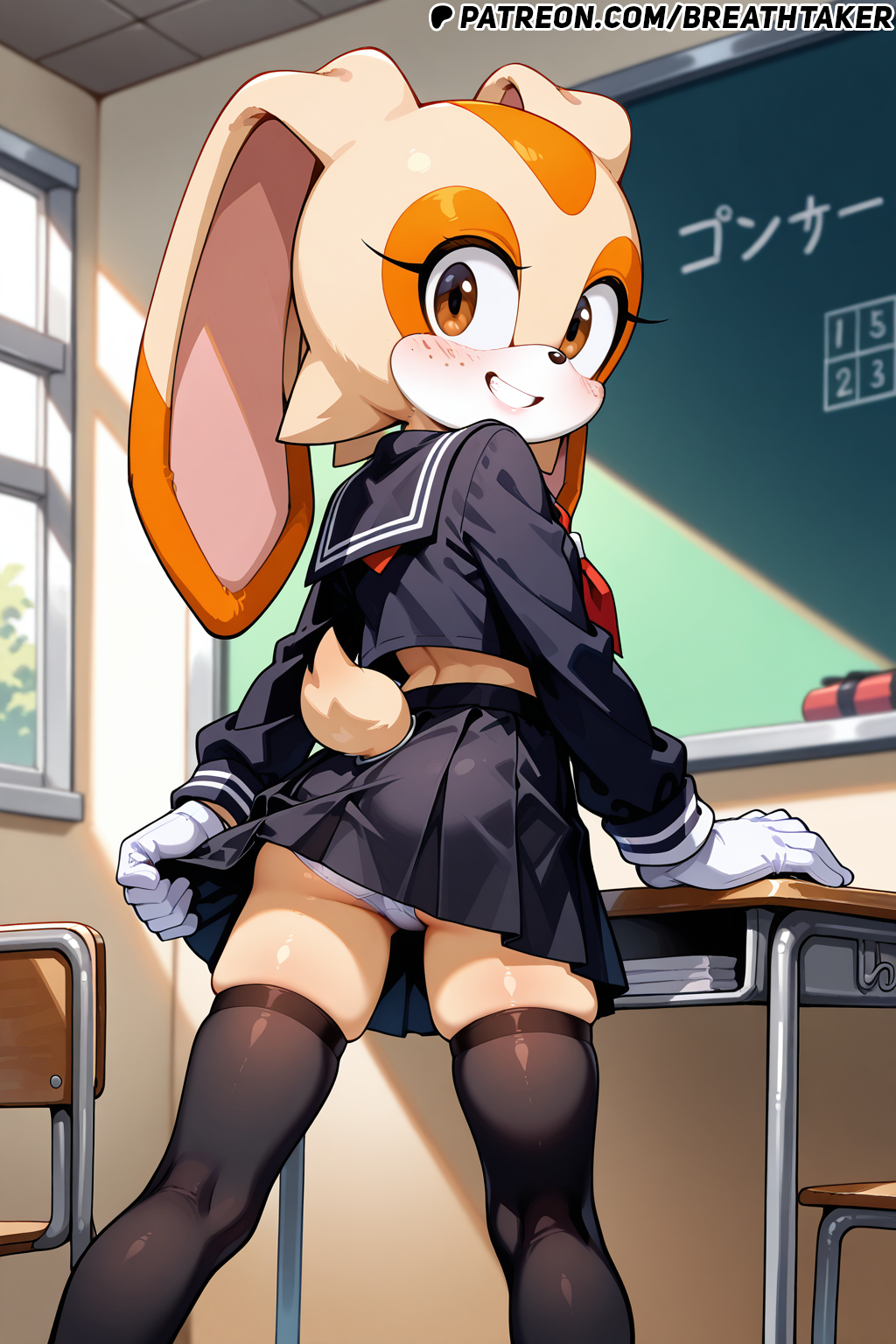 ai_generated breathtaker cream_the_rabbit female_only furry furry_female looking_back panties rabbit rabbit_ears rabbit_girl school school_uniform schoolgirl skirt sonic_(series) sonic_the_hedgehog_(series) white_panties