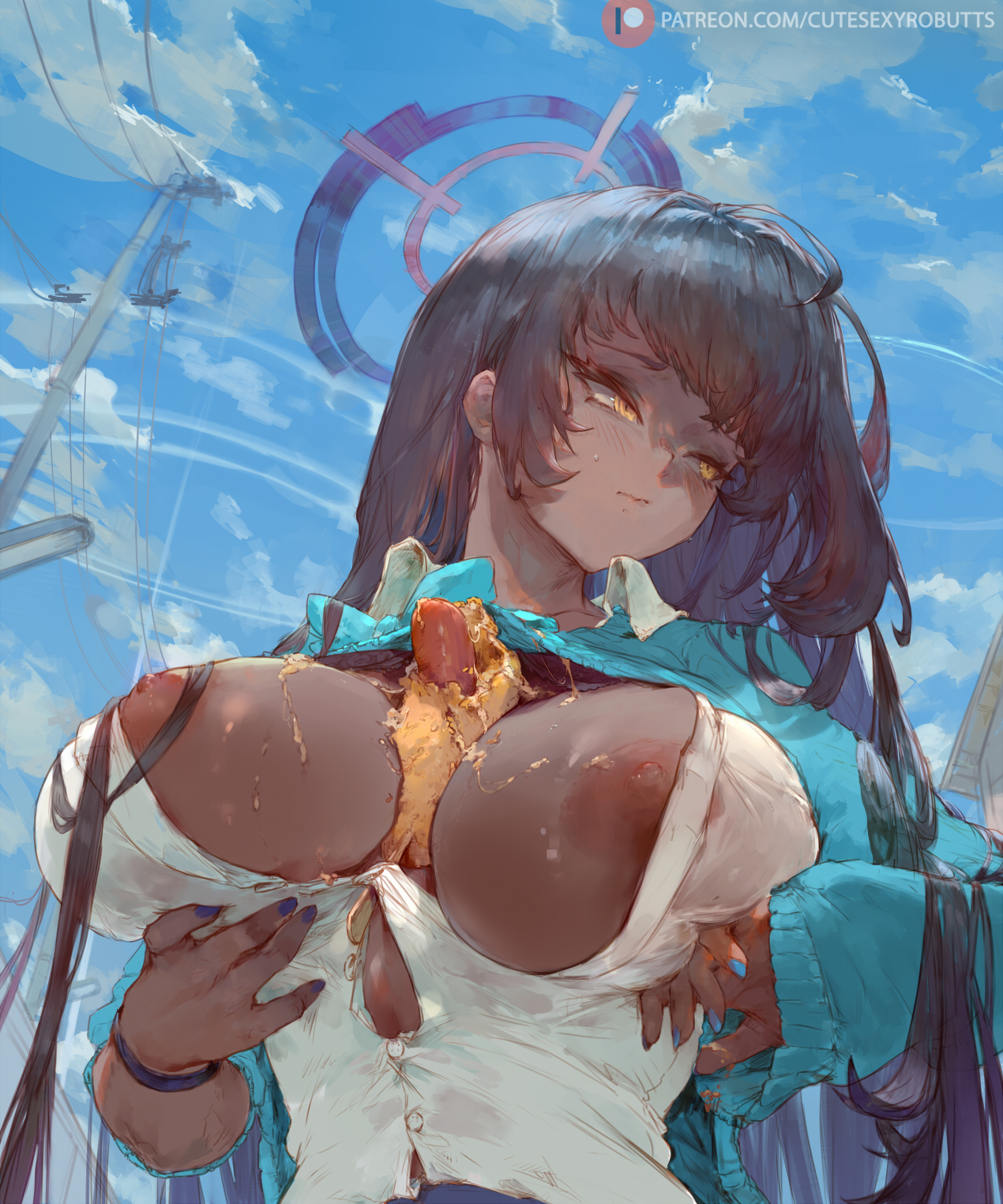 1girls, blue archive, breasts, cutesexyrobutts, dark skin, dark-skinned female, detailed background, female, female focus, female only, food, hot dog, karin (blue archive), large breasts, looking away, no bra, open clothes, open shirt, solo