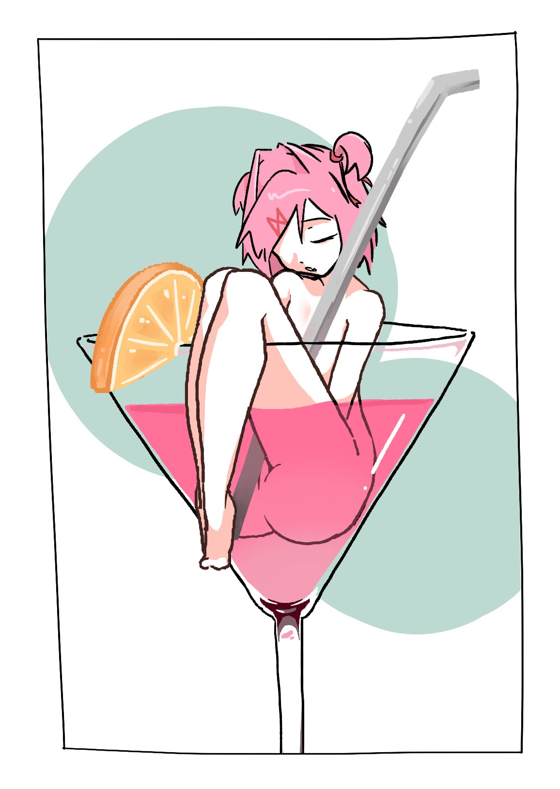 artistic_nude artistic_nudity butt cocktail cocktail_glass doki_doki_literature_club exspiravitbag female glass glass_cup natsuki_(doki_doki_literature_club) non-sexual non-sexual_nudity pink_hair straw wine_glass