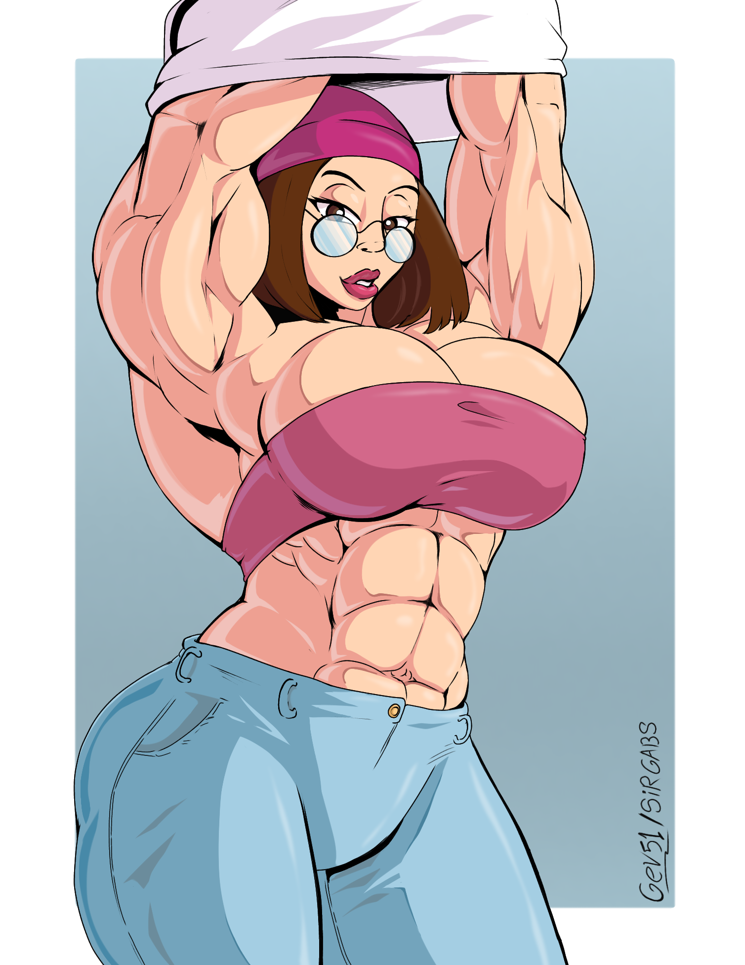 1girls, abs, arms up, big breasts, breasts, brown hair, cropped legs, extreme muscles, family guy, female, gev51, glasses, hat, huge breasts, jeans, large breasts, lips, meg griffin, muscles, muscular, muscular arms, muscular female, pants, pink lips, round glasses, short hair, simple background, sirgabs, solo, standing, thick thighs, tubetop, undressing, wide hips