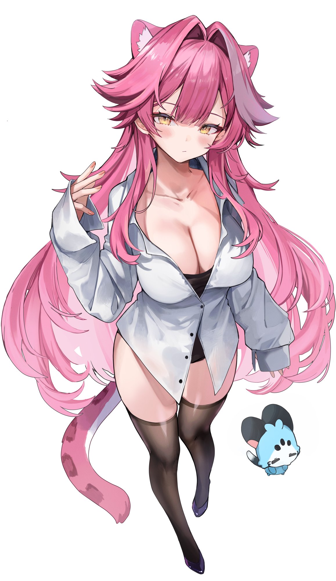 1girls artist_request black_thighhighs breasts cat_ears cat_girl cat_tail chattino_(raora_panthera) closed_eyes collarbone fan_mascot_(vtuber) hair_between_eyes hololive hololive_english hololive_english_-justice- large_breasts long_hair long_sleeves pink_hair raora_panthera solo thick_thighs thighhighs thighs virtual_youtuber white_shirt yellow_eyes