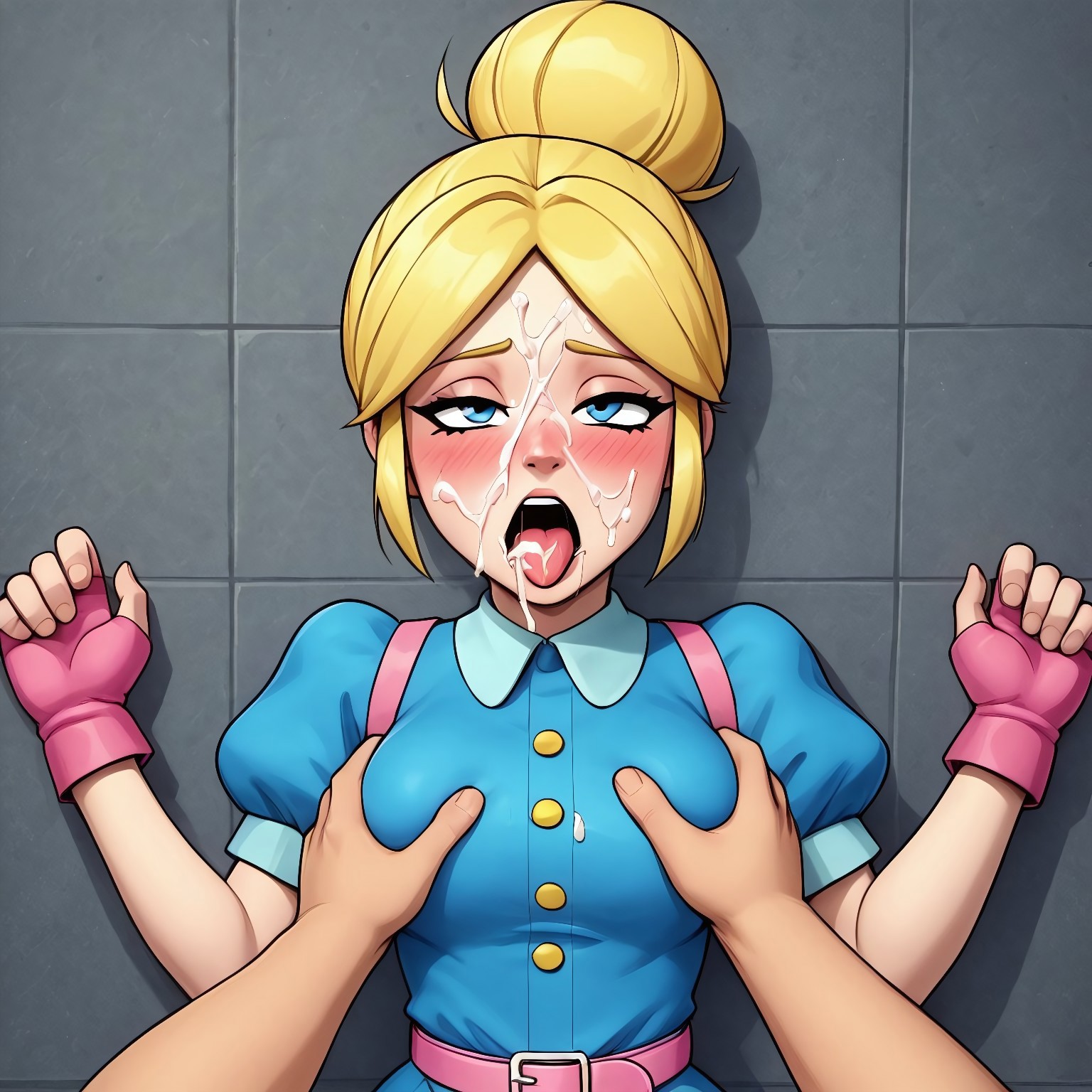 after sex, ai generated, brawl stars, breast grab, breasts, cum in mouth, female, looking at viewer, oral, piper (brawl stars), willowlover071