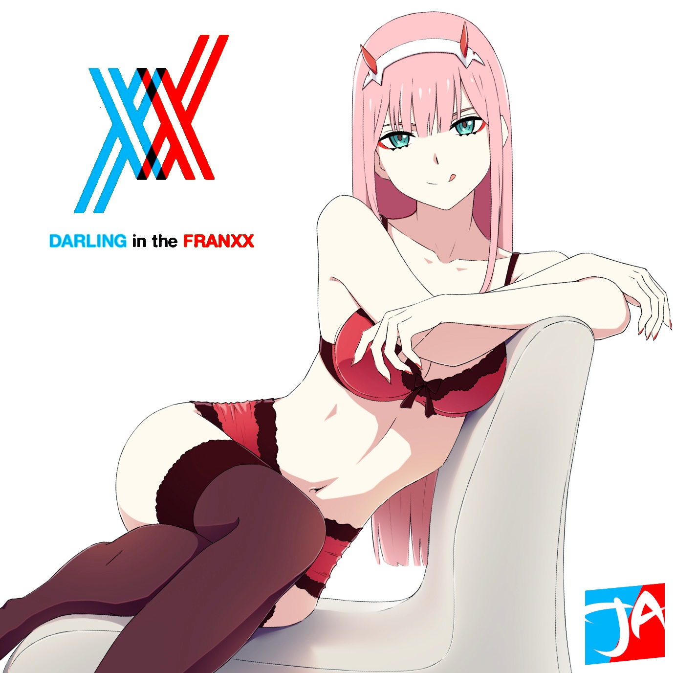 1girls, 2d, 2d (artwork), bangs, belly, breasts, darling in the franxx, female, green eyes, horns, j adsen, legwear, licking lips, light skin, light-skinned female, lingerie, looking at viewer, medium breasts, navel, pink hair, pinup, pose, sitting, solo, thighhighs, tongue, tongue out, underwear, wide hips, zero two (darling in the franxx)