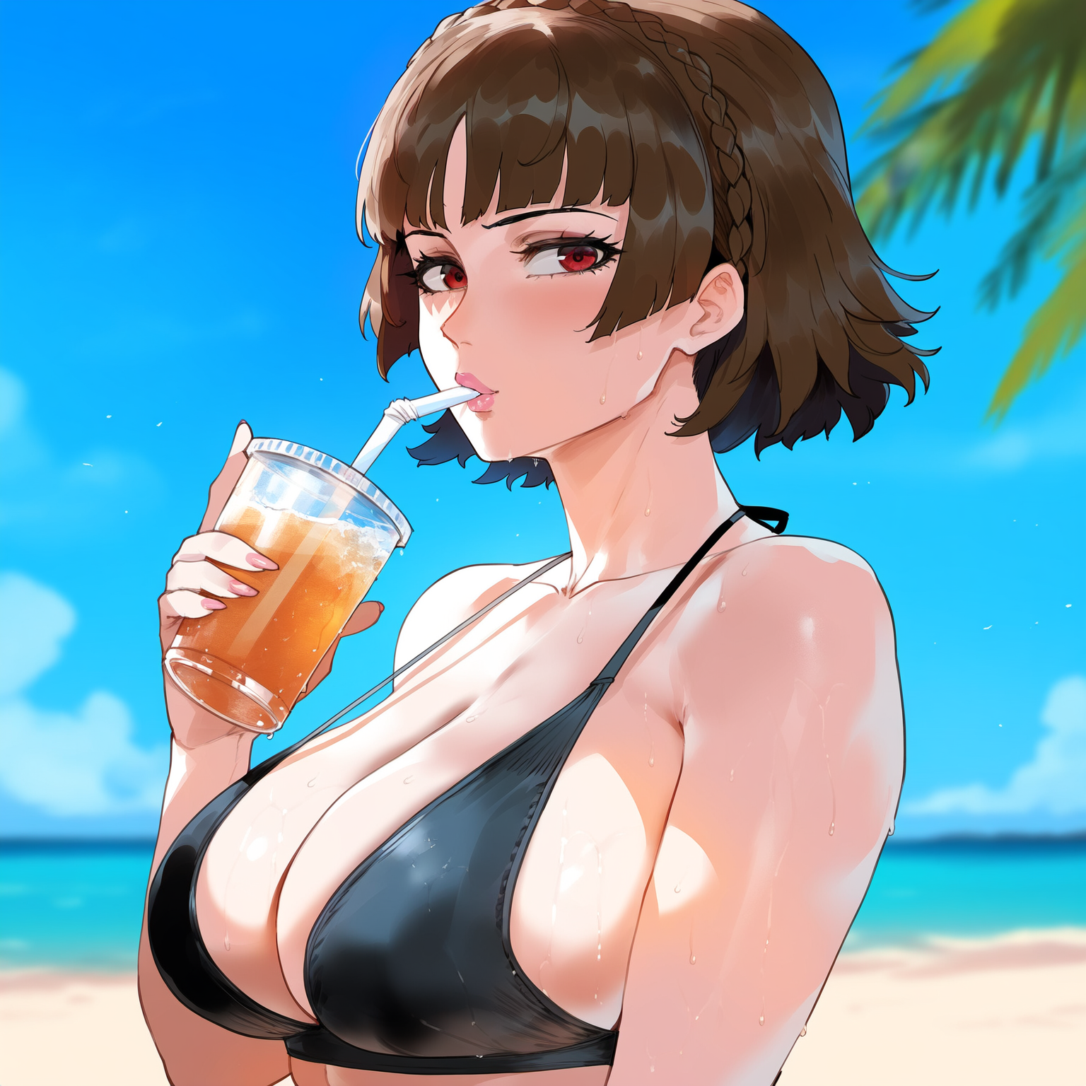 1girls, ai generated, beach, bikini, black bikini, breasts, brown hair, cleavage, creamy ai, drinking, female, holding cup, juice, large breasts, makoto niijima, persona, persona 5, red eyes, short hair, solo, upper body