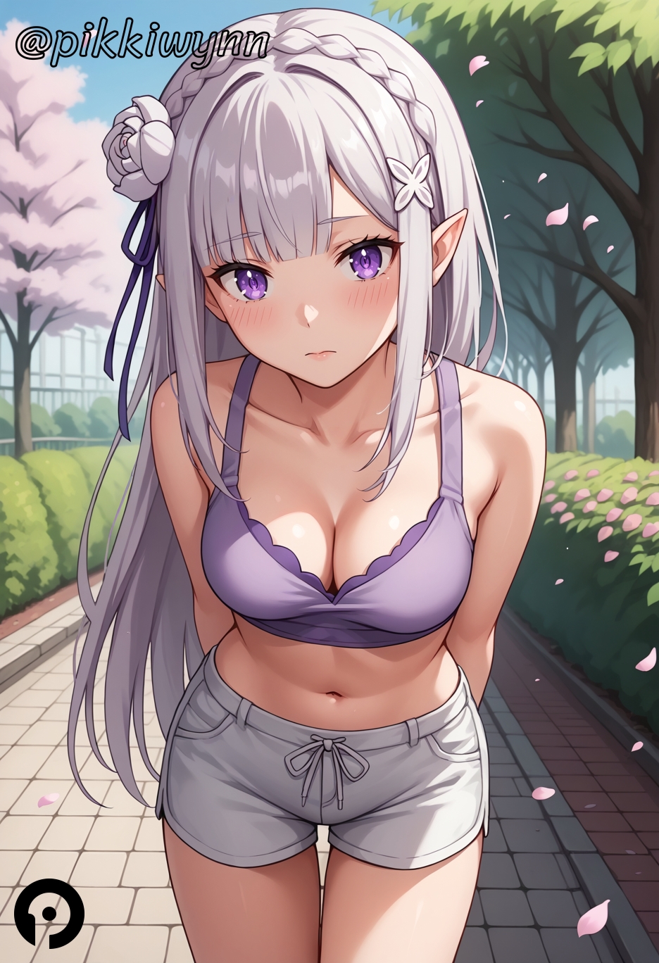 ai_generated arms_behind_back bangs bare_shoulders blunt_bangs blush braid breasts cherry_blossoms cleavage closed_mouth collarbone cowboy_shot crown_braid day elf emilia_(re:zero) female flower french_braid grey_hair hair_flower hair_ornament hair_ribbon leaning_forward long_hair looking_at_viewer medium_breasts midriff navel outdoors petals pikkiwynn pointy_ears purple_eyes purple_ribbon re:zero_kara_hajimeru_isekai_seikatsu ribbon short_shorts shorts solo stomach thigh_gap thighs tree white_flower white_hair white_rose white_shorts x_hair_ornament