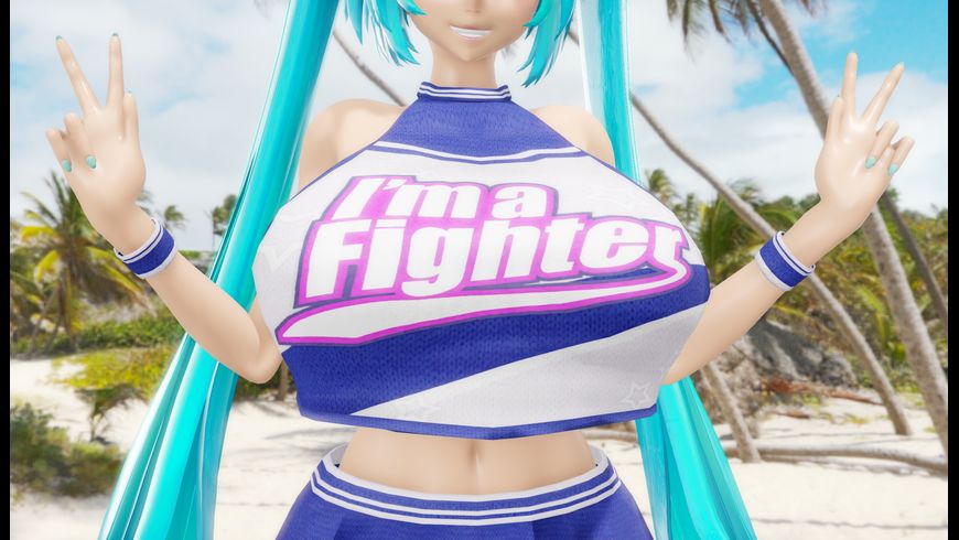 3d anya_jackal aqua_eyes aqua_hair beach big_breasts blue_eyes blue_hair cheerleader cheerleader_uniform hatsune_miku mikumikudance mikumikudance_(medium) miniskirt mmd peace_sign tagme vocaloid