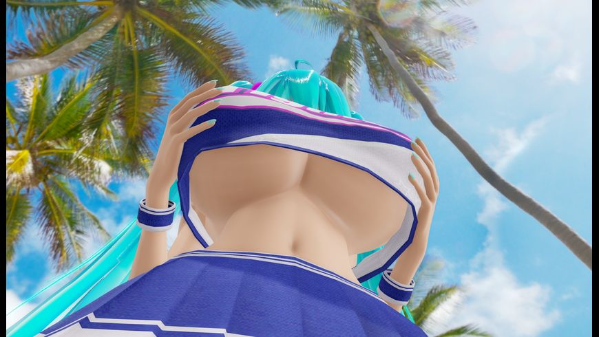 3d anya_jackal aqua_eyes aqua_hair beach big_breasts blue_eyes blue_hair cheerleader hatsune_miku mikumikudance mikumikudance_(medium) miniskirt mmd tagme vocaloid